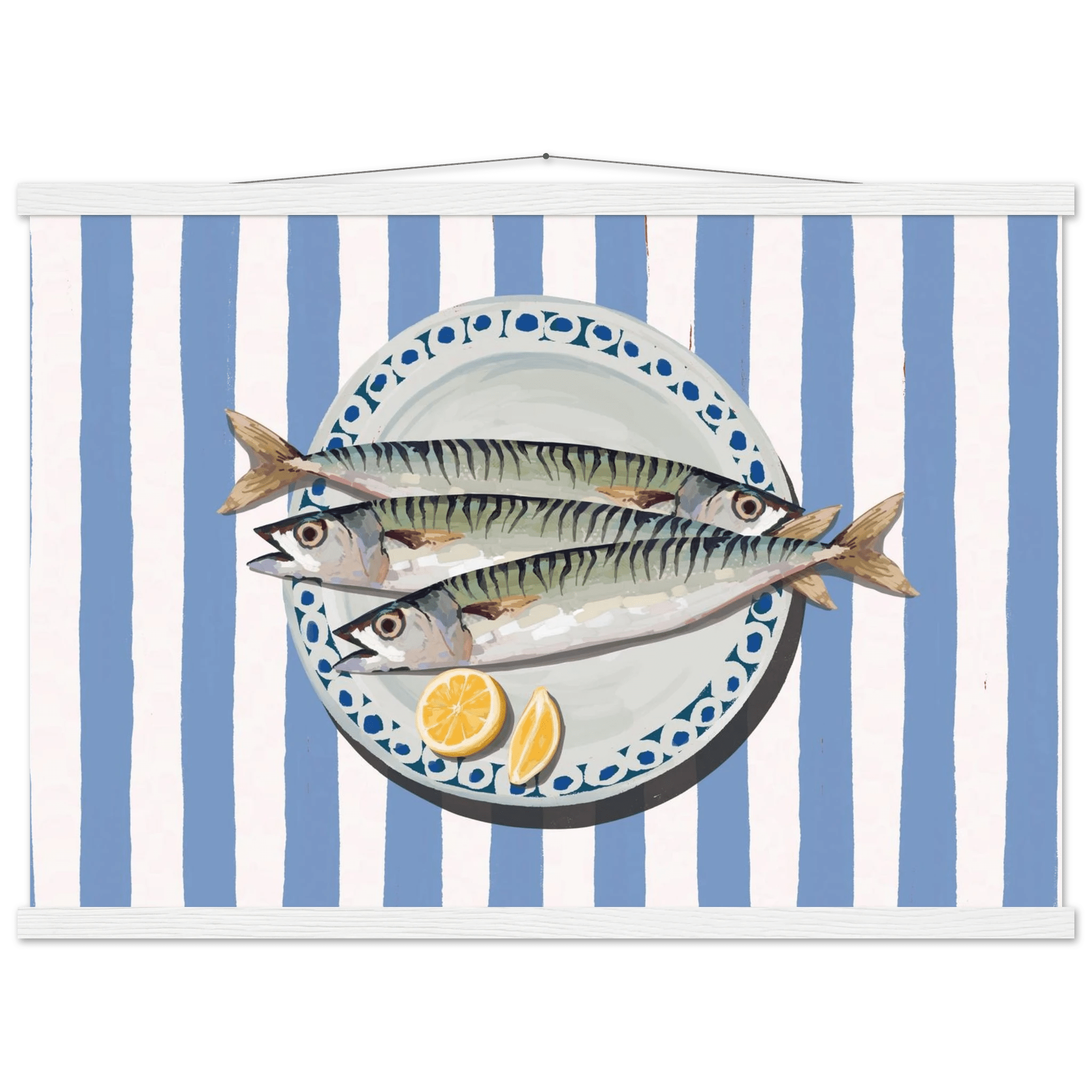 Sardines Print | Blue Stripe Fish Kitchen Wall Art | Coastal Food Poster - Evergreen Posters