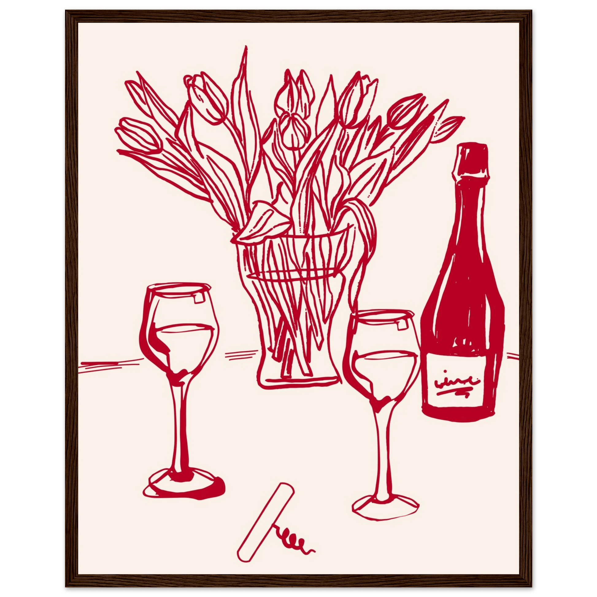 Red Wine & Tulips Print | Line Art Wine Bottle Wall Art | Kitchen Poster - Evergreen Posters