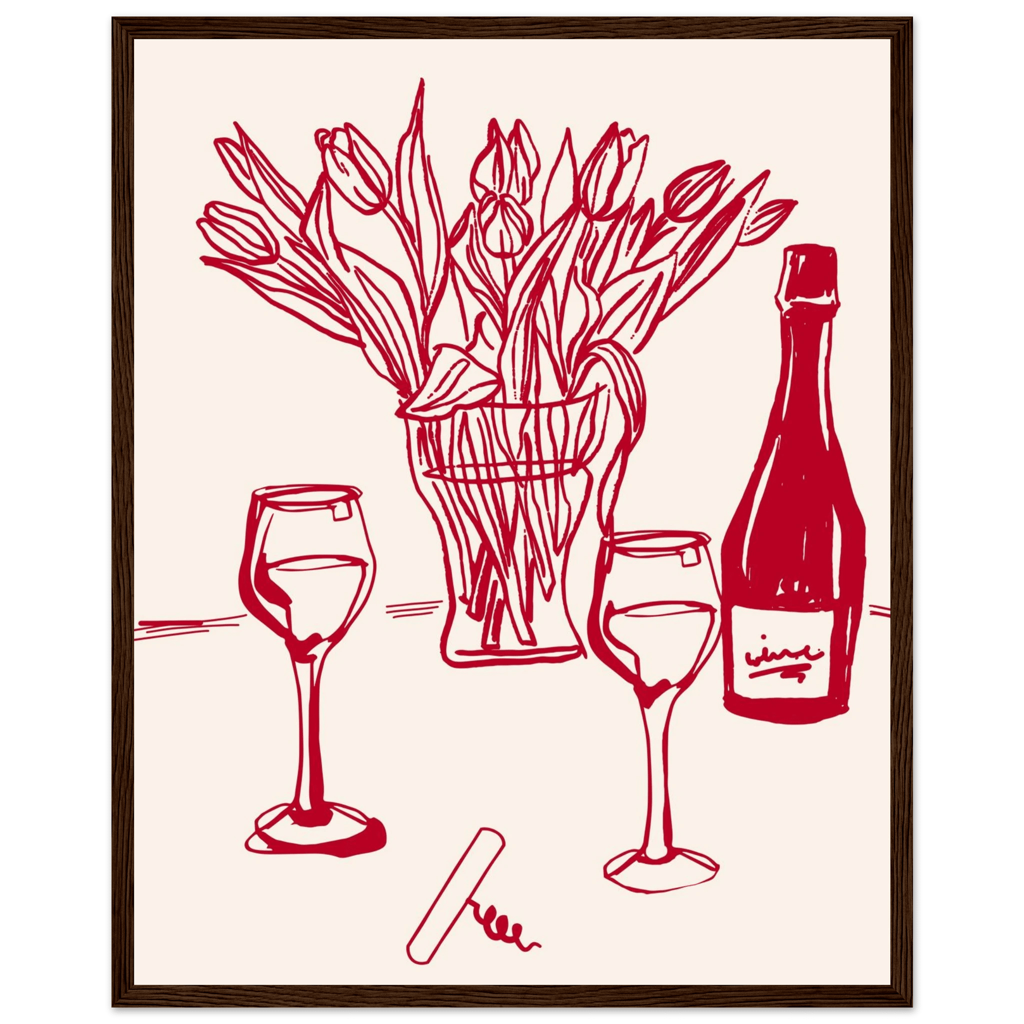 Red Wine & Tulips Print | Line Art Wine Bottle Wall Art | Kitchen Poster - Evergreen Posters
