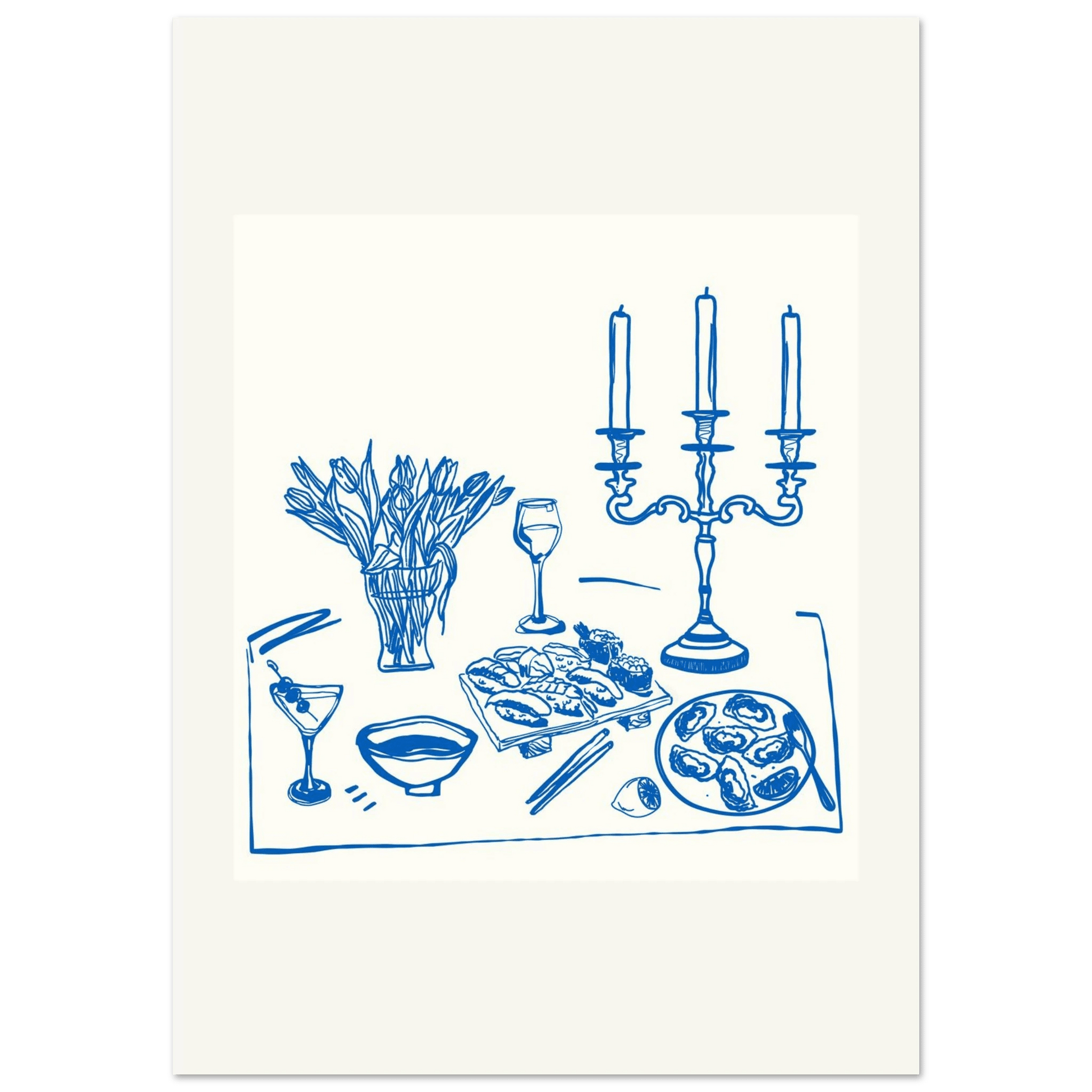 Fine Dining Table Print | Blue Line Art Kitchen Wall Art | Elegant Dining Room Poster - Evergreen Posters