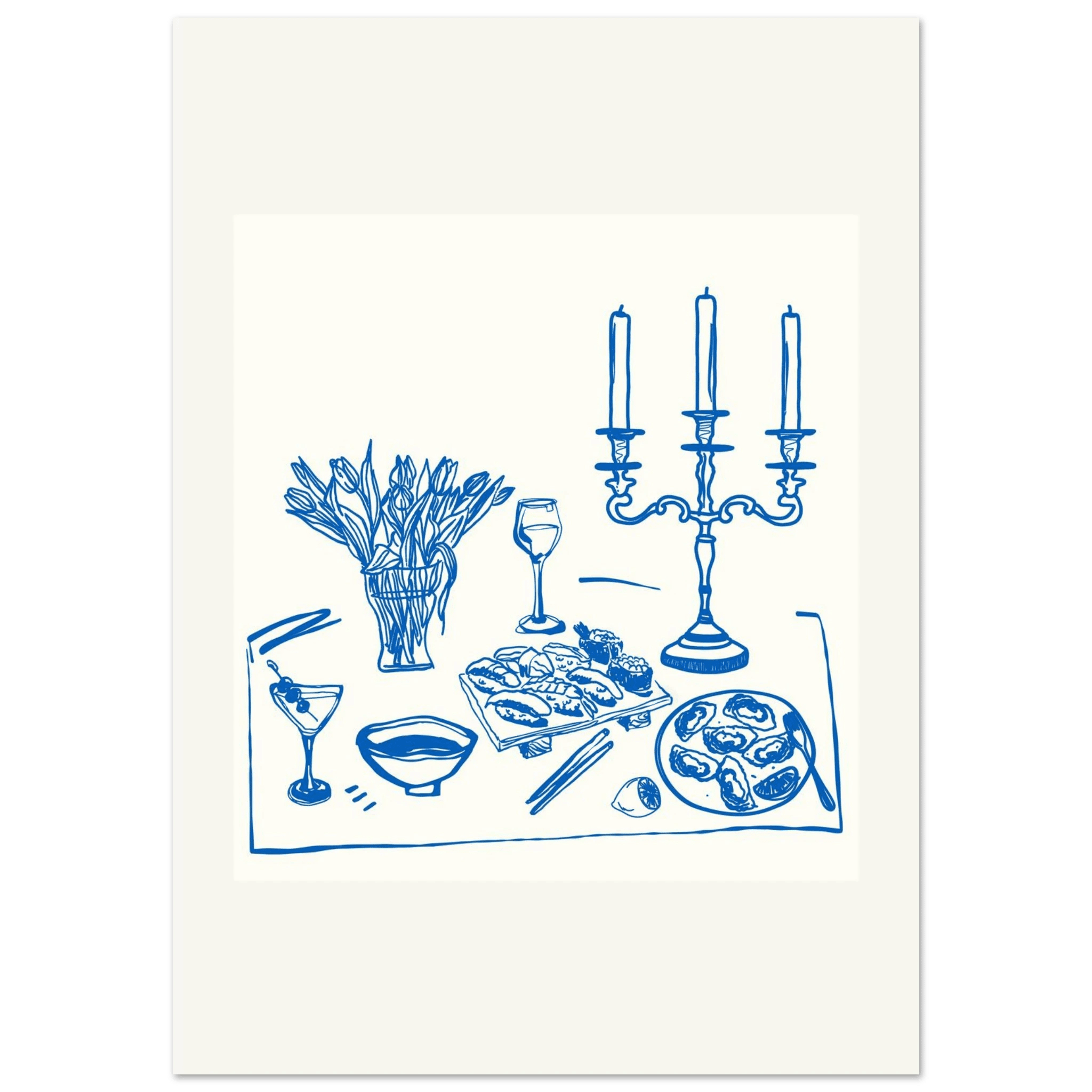 Fine Dining Table Print | Blue Line Art Kitchen Wall Art | Elegant Dining Room Poster - Evergreen Posters