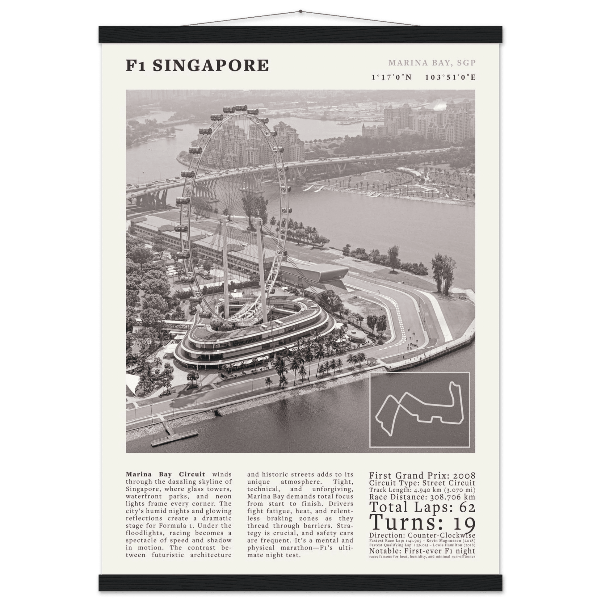 F1 Singapore Poster Black and White – Vintage Marina Bay Night Race Print (Digital & Printed Options) - Evergreen Posters