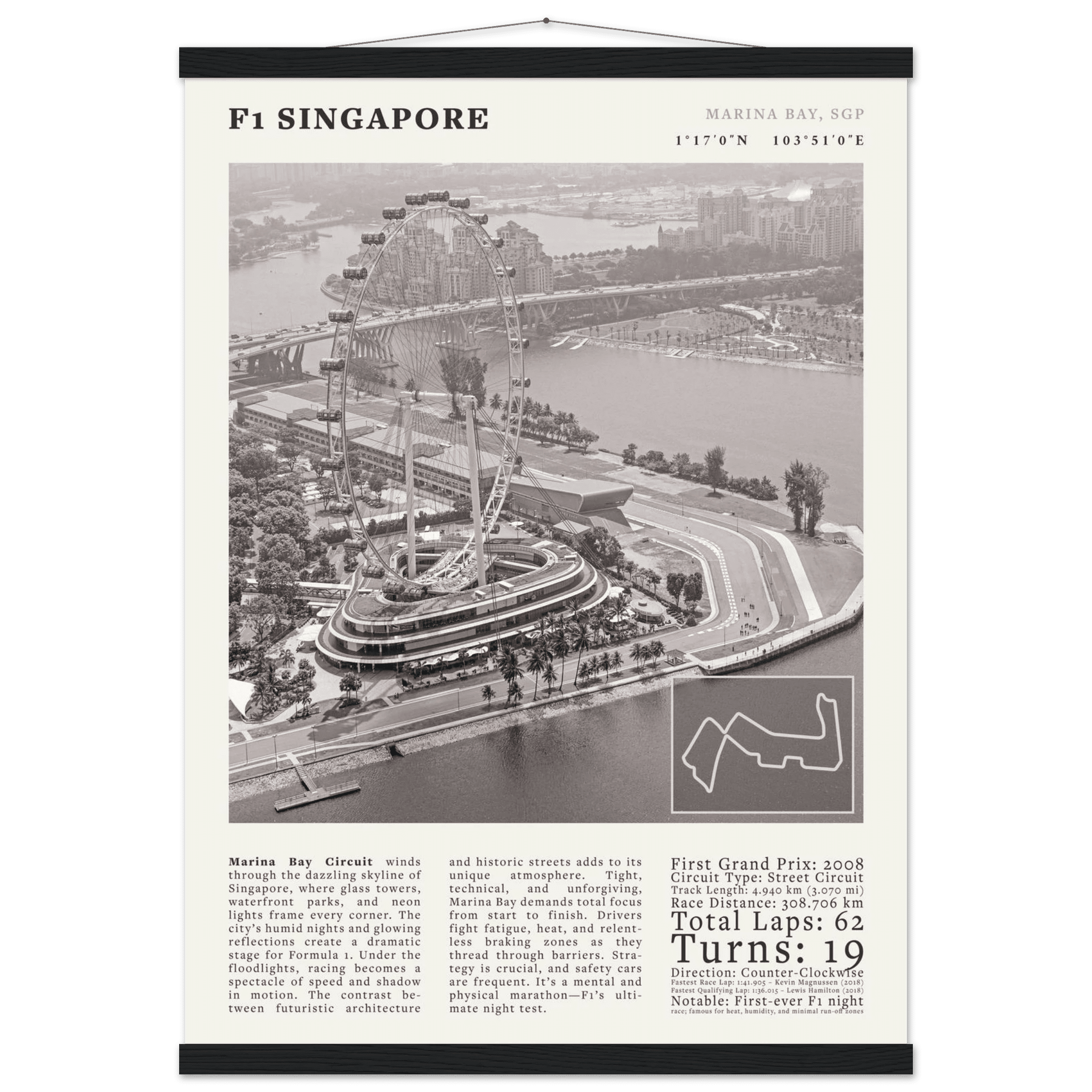 F1 Singapore Poster Black and White – Vintage Marina Bay Night Race Print (Digital & Printed Options) - Evergreen Posters