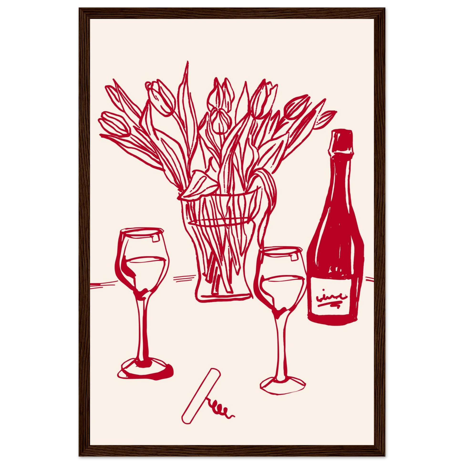 Red Wine & Tulips Print | Line Art Wine Bottle Wall Art | Kitchen Poster - Evergreen Posters