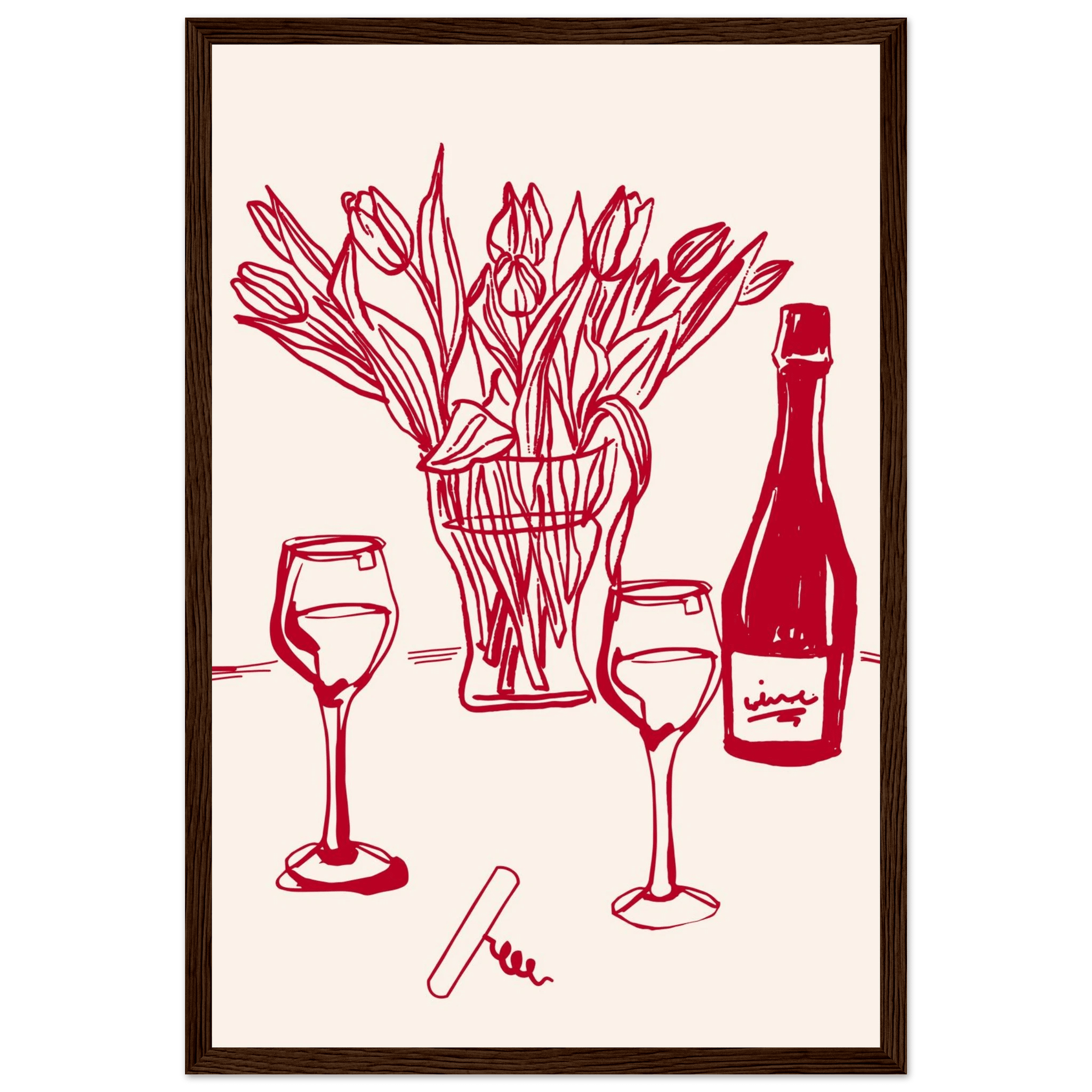Red Wine & Tulips Print | Line Art Wine Bottle Wall Art | Kitchen Poster - Evergreen Posters