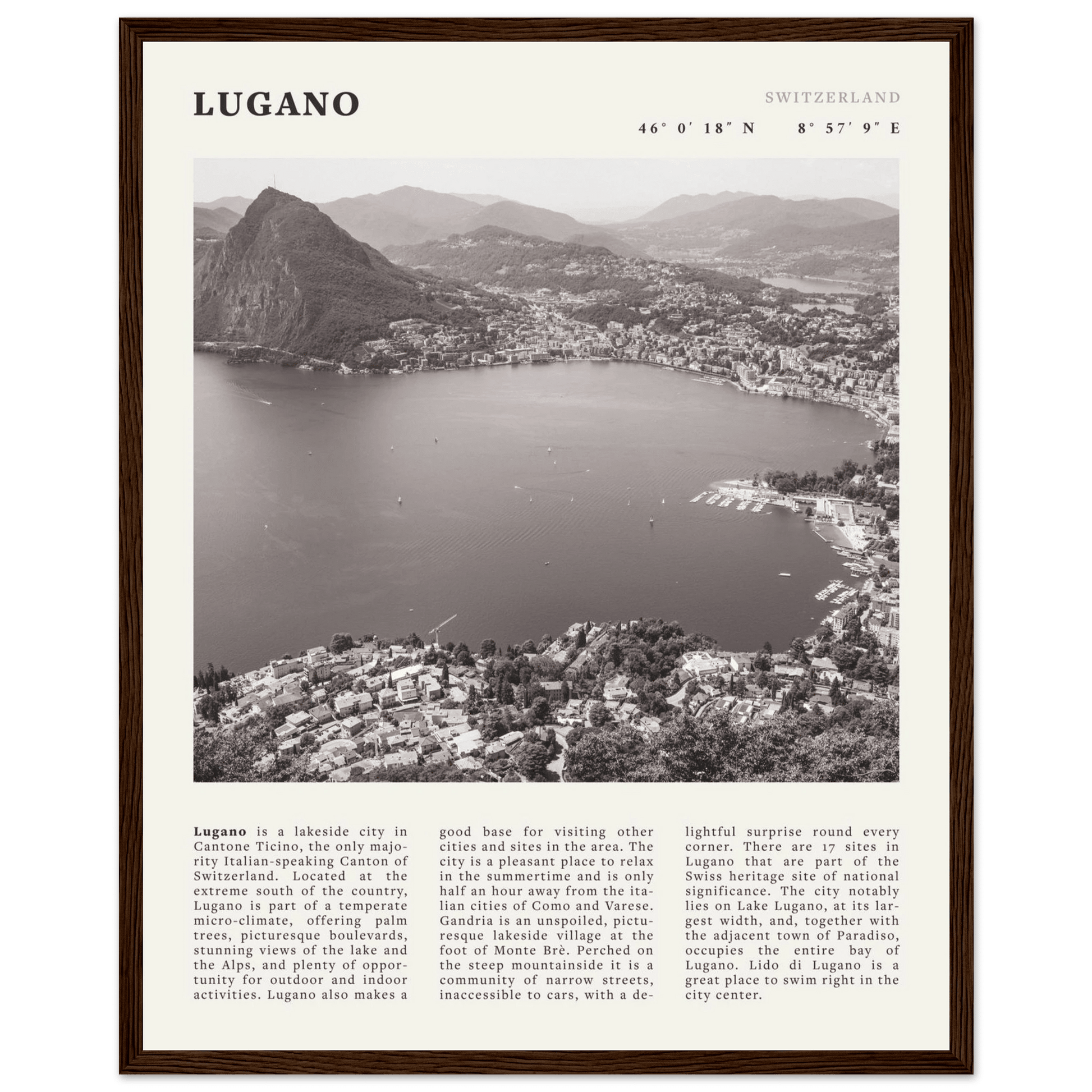 Lugano Poster | Black & White Swiss Lake Wall Art | Switzerland Travel Print - Evergreen Posters