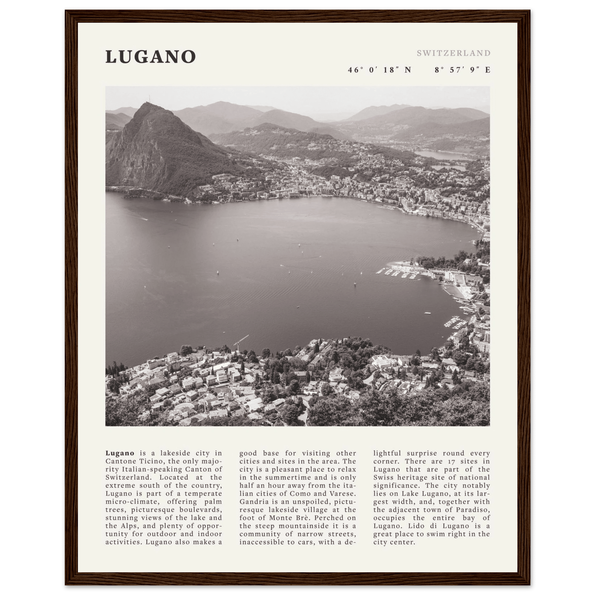 Lugano Poster | Black & White Swiss Lake Wall Art | Switzerland Travel Print - Evergreen Posters