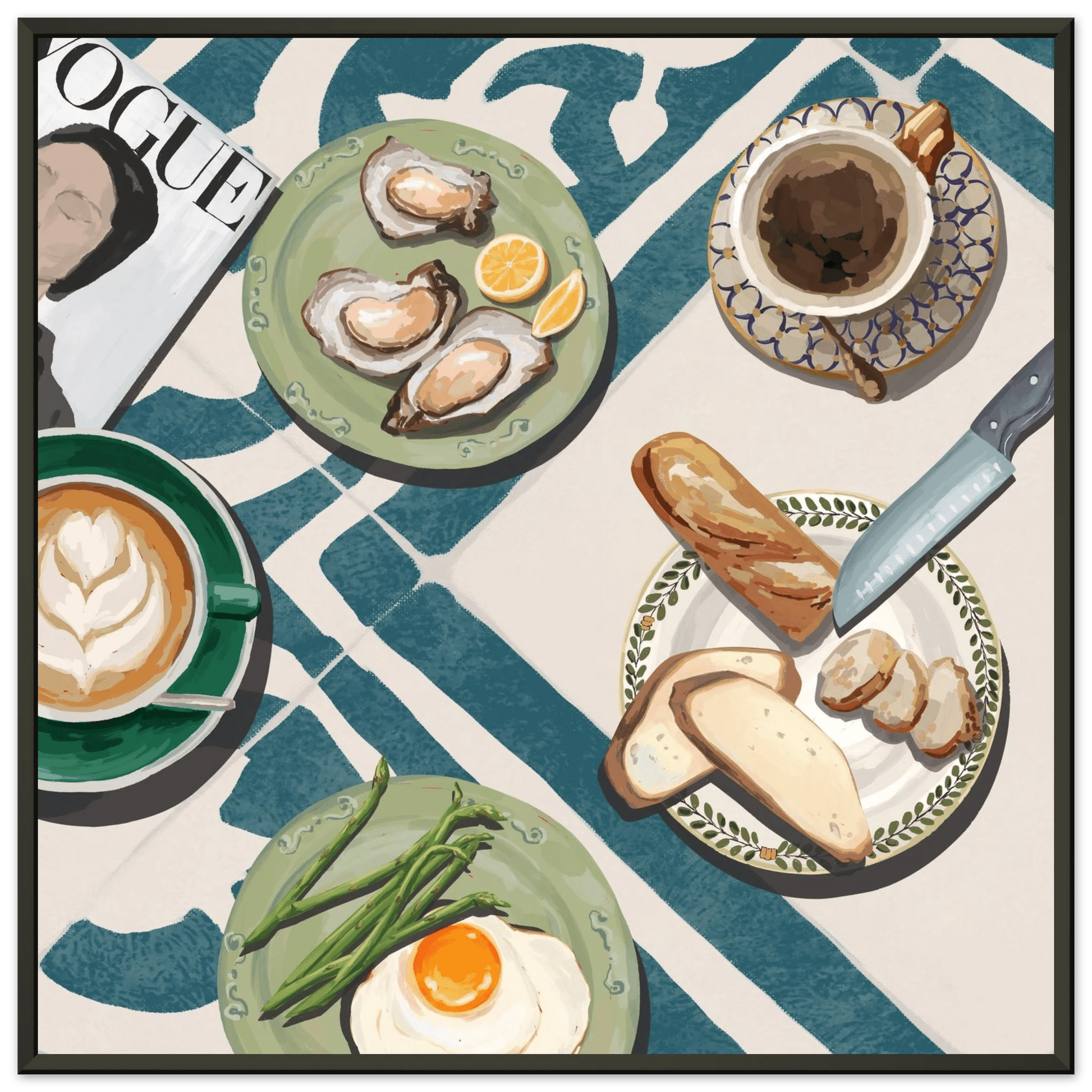 Oysters & Vogue Brunch Poster | Luxury Kitchen Wall Art | Blue Tile Square Print - Evergreen Posters - 10
