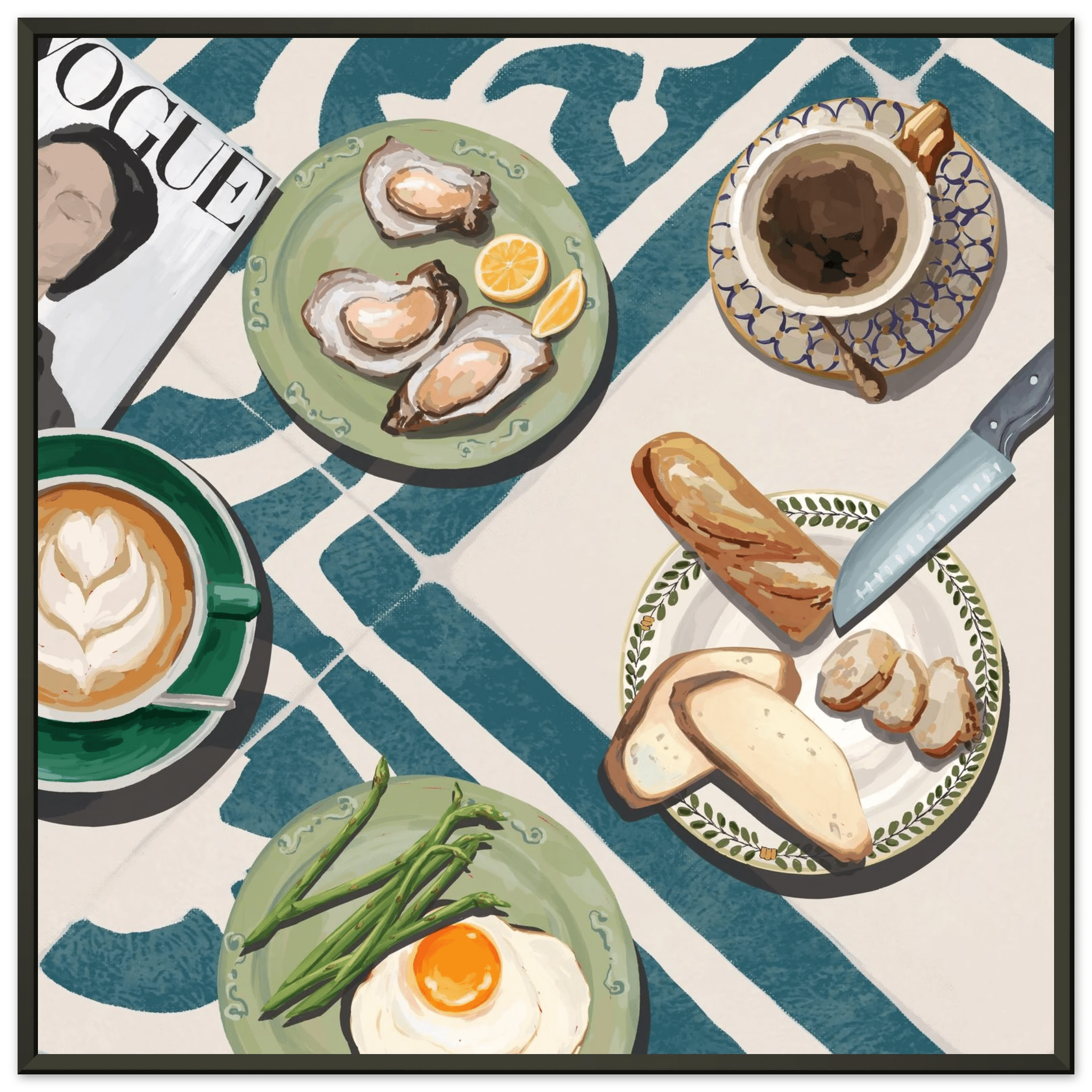 Oysters & Vogue Brunch Poster | Luxury Kitchen Wall Art | Blue Tile Square Print - Evergreen Posters - 10