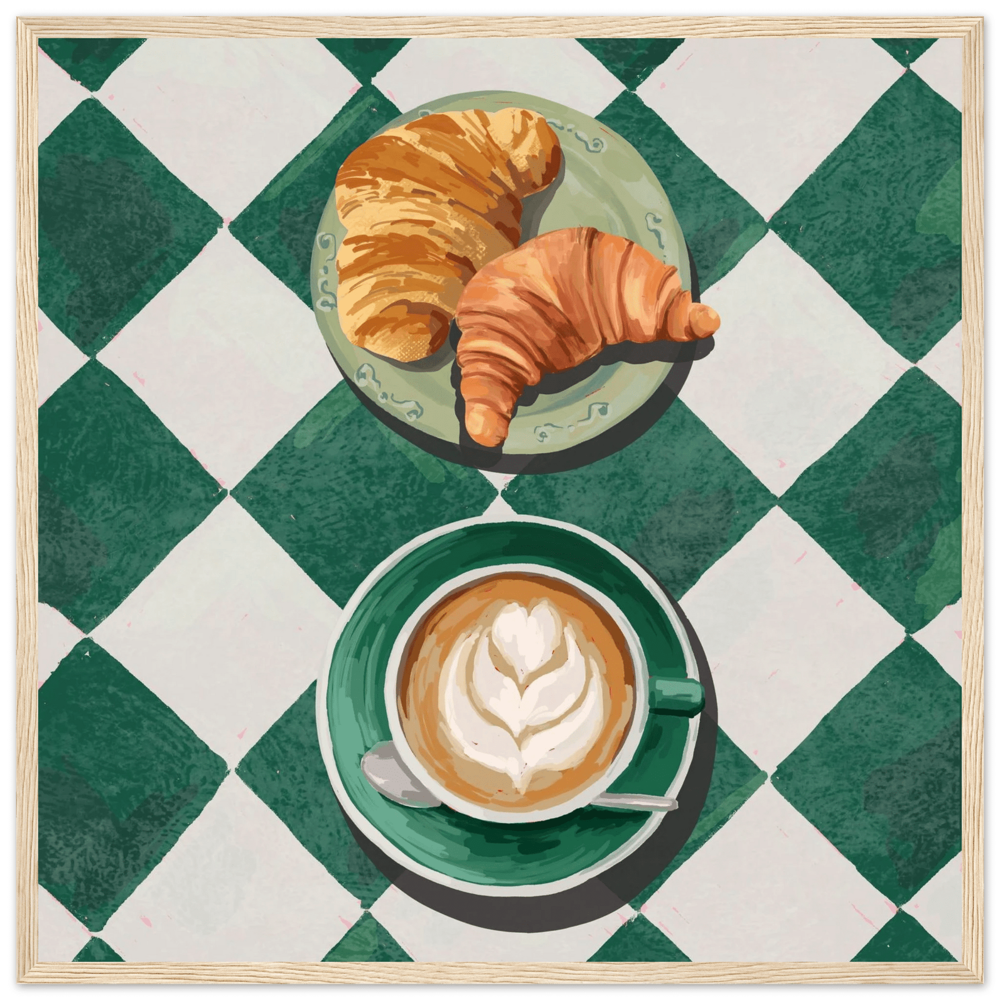 Croissant & Latte Poster | Classic Kitchen Wall Art | Green Tile Square Breakfast Print - Evergreen Posters - 23