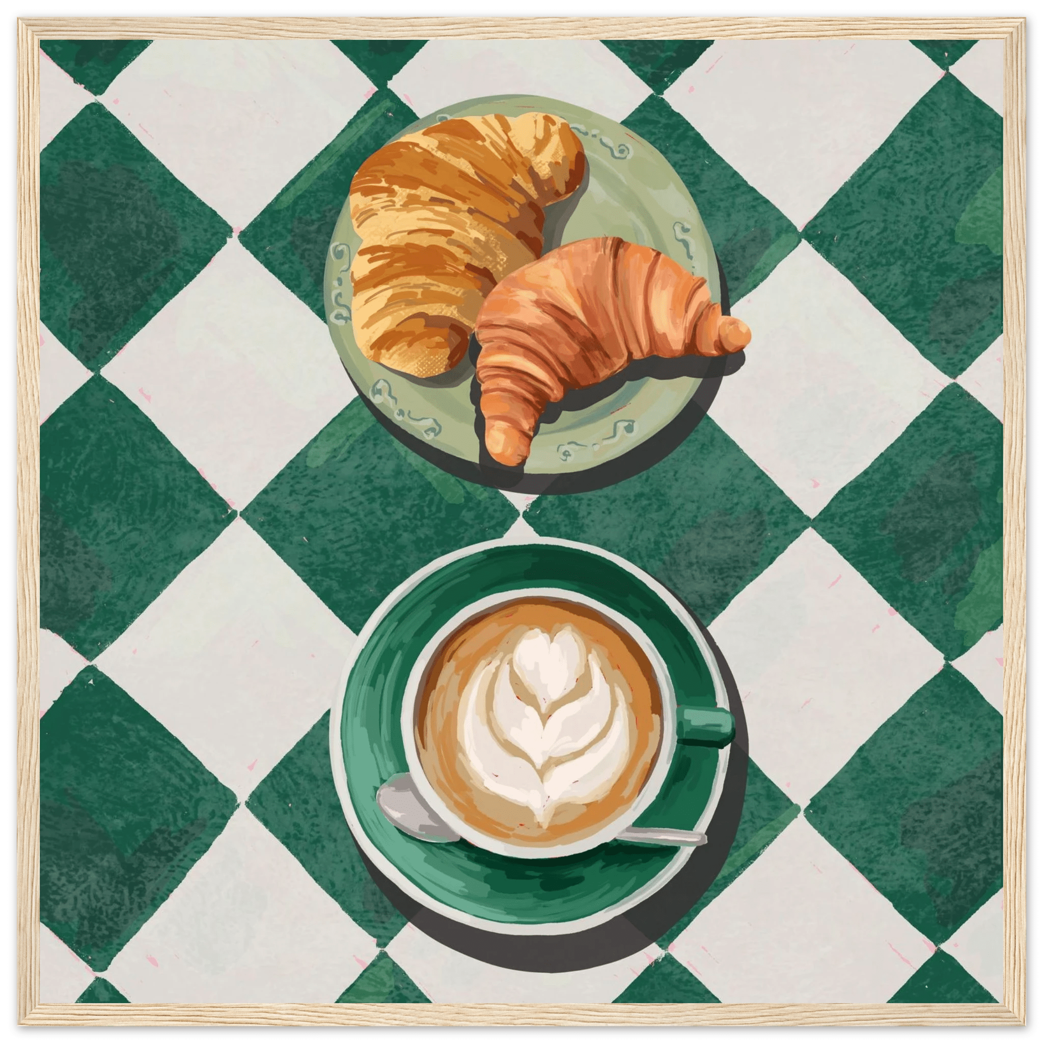 Croissant & Latte Poster | Classic Kitchen Wall Art | Green Tile Square Breakfast Print - Evergreen Posters - 23
