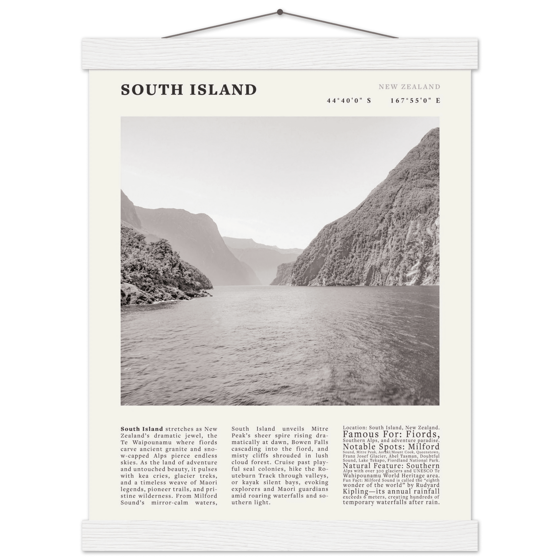 South Island New Zealand Poster Black and White – Vintage Milford Sound Fjord Print - Evergreen Posters
