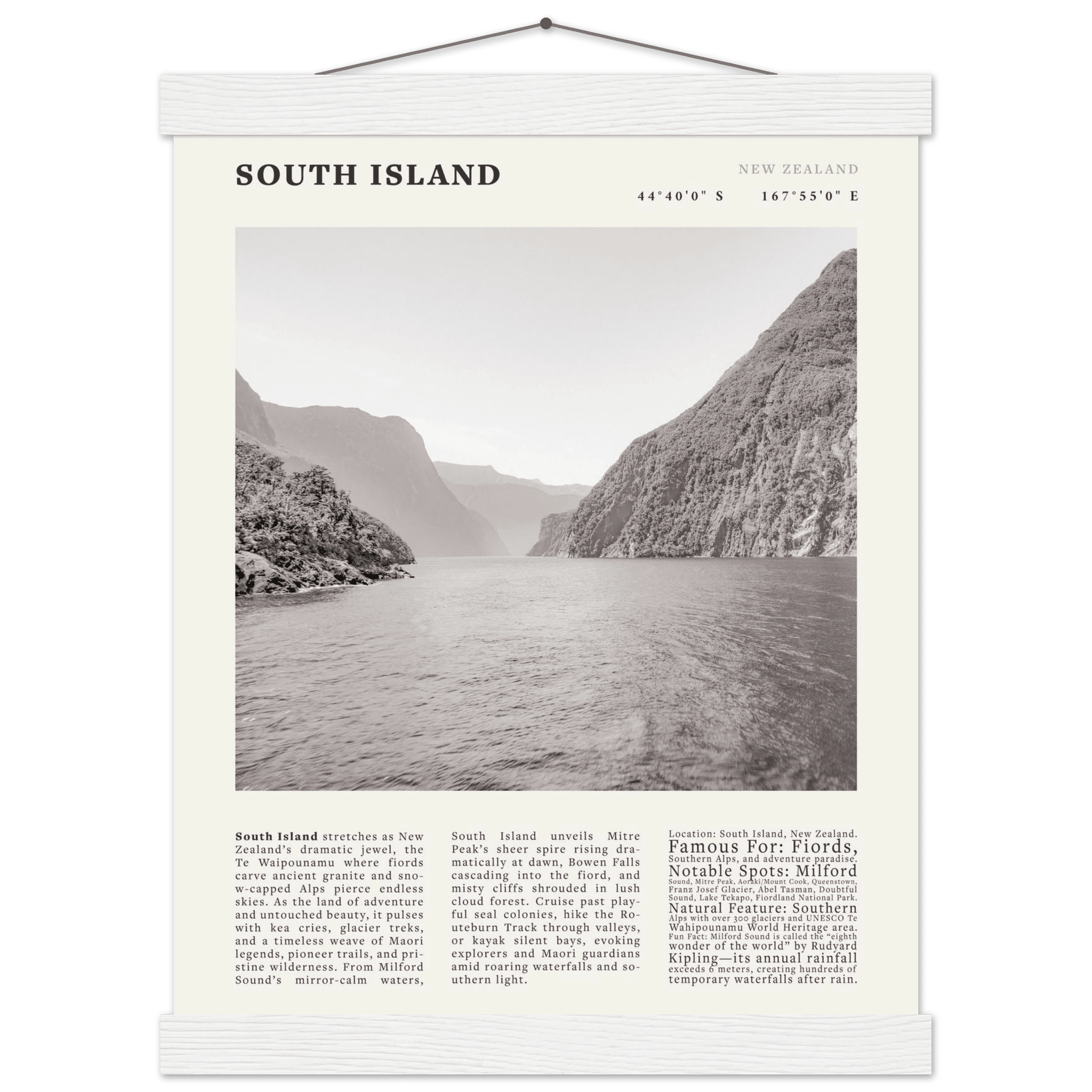 South Island New Zealand Poster Black and White – Vintage Milford Sound Fjord Print - Evergreen Posters