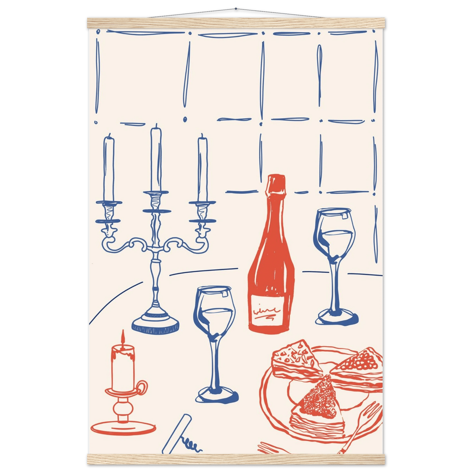 Candlelight Dinner Print | Wine & Candelabra Line Art Wall Art | Kitchen Poster - Evergreen Posters