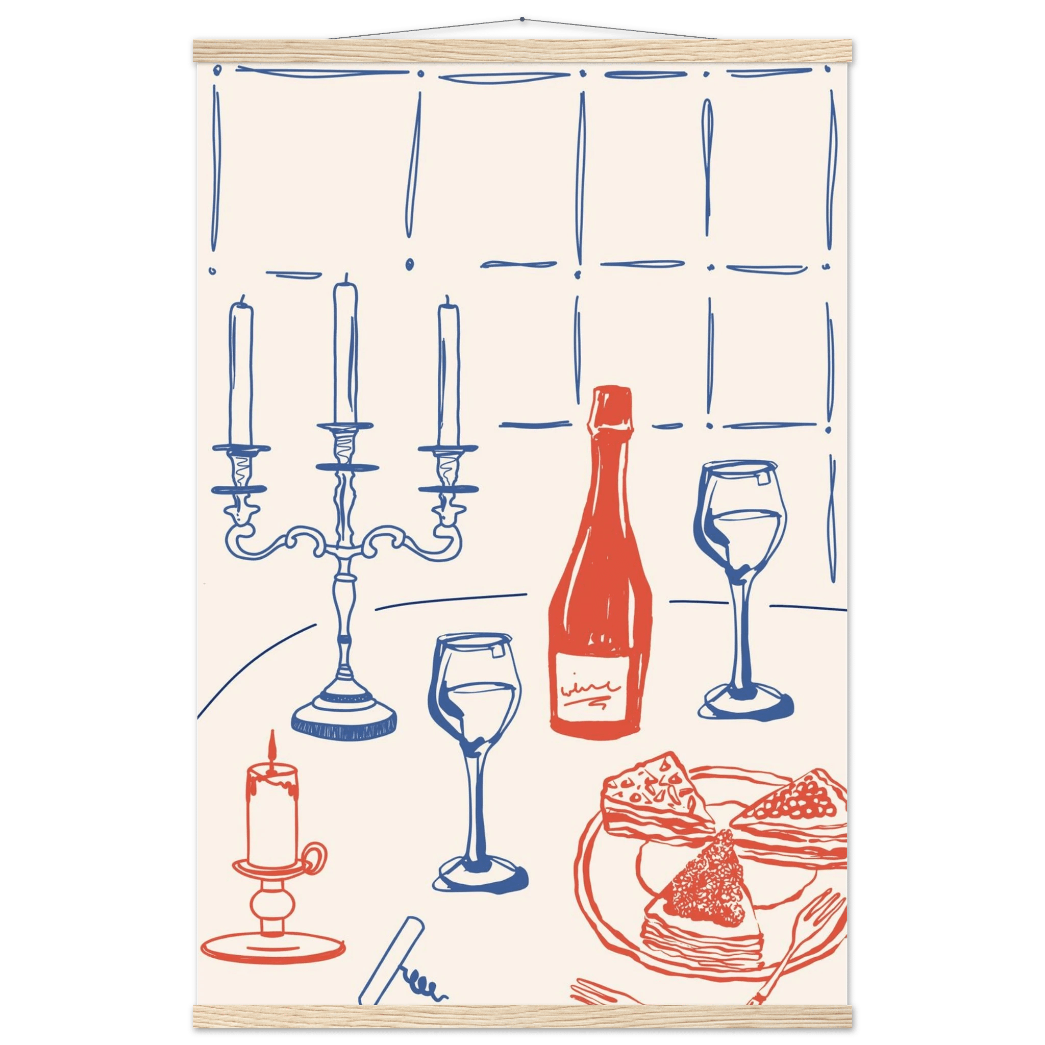 Candlelight Dinner Print | Wine & Candelabra Line Art Wall Art | Kitchen Poster - Evergreen Posters