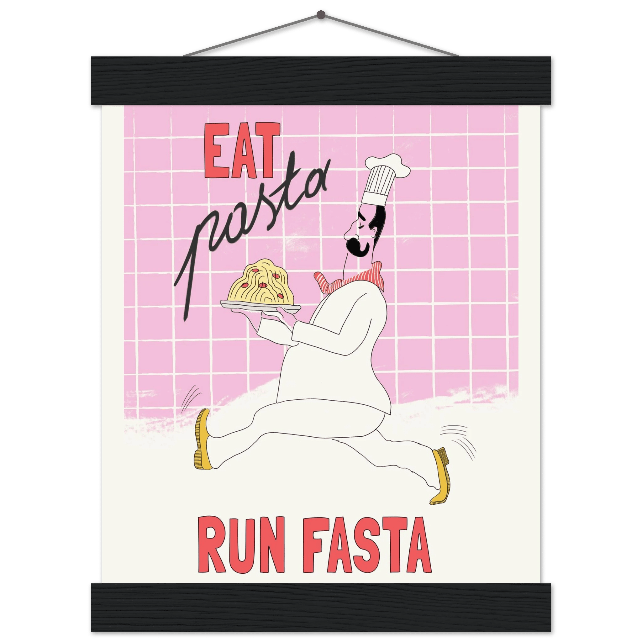 Eat Pasta Run Fasta Poster – Playful Kitchen Wall Art Print (Light Pink) - Evergreen Posters
