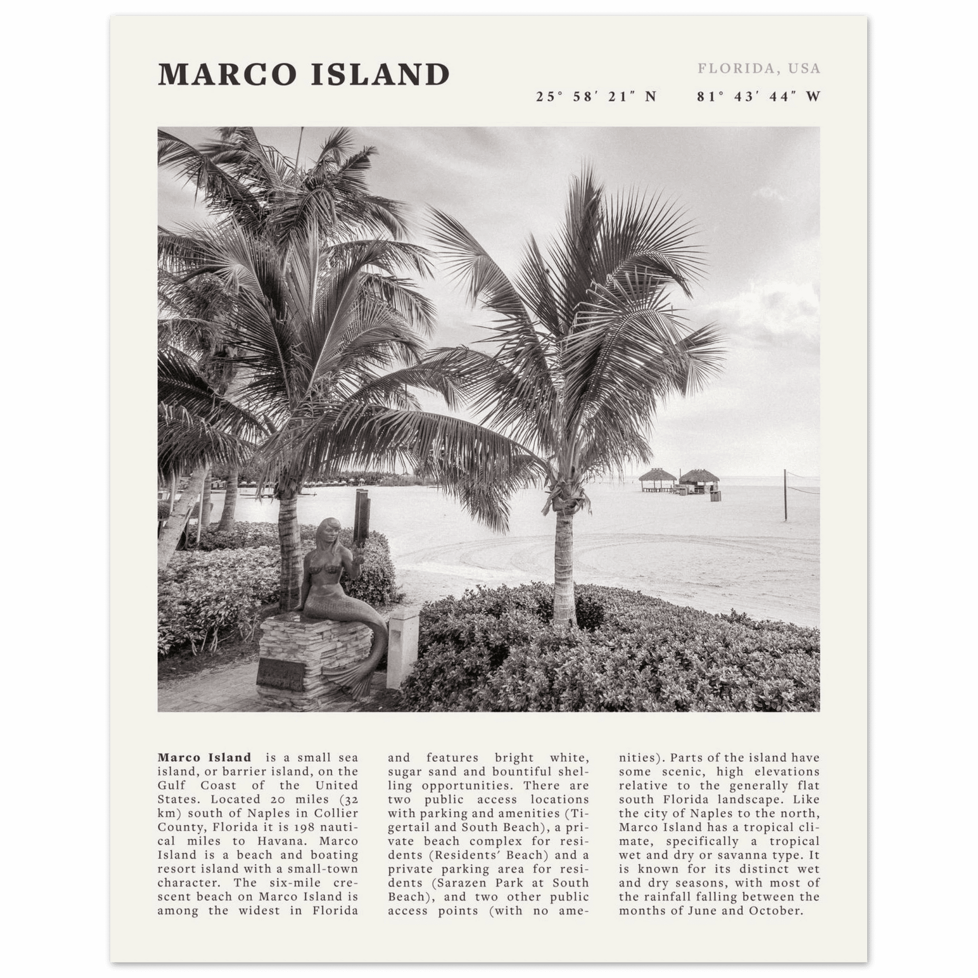 Marco Island Poster | Black & White Florida Beach Wall Art | Coastal Travel Print - Evergreen Posters