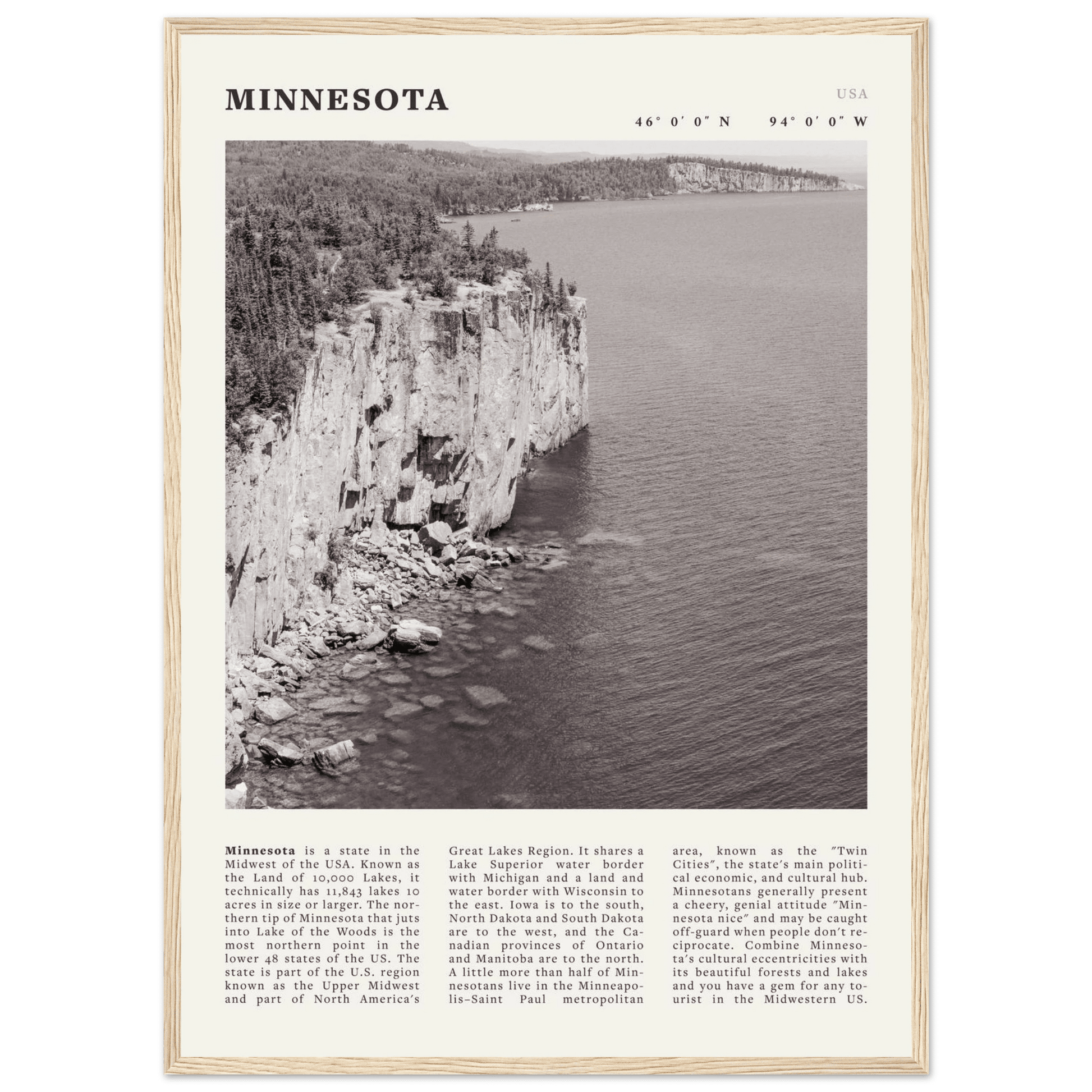 Minnesota Poster | Black & White Lake Superior Wall Art | USA Nature Travel Print - Evergreen Posters