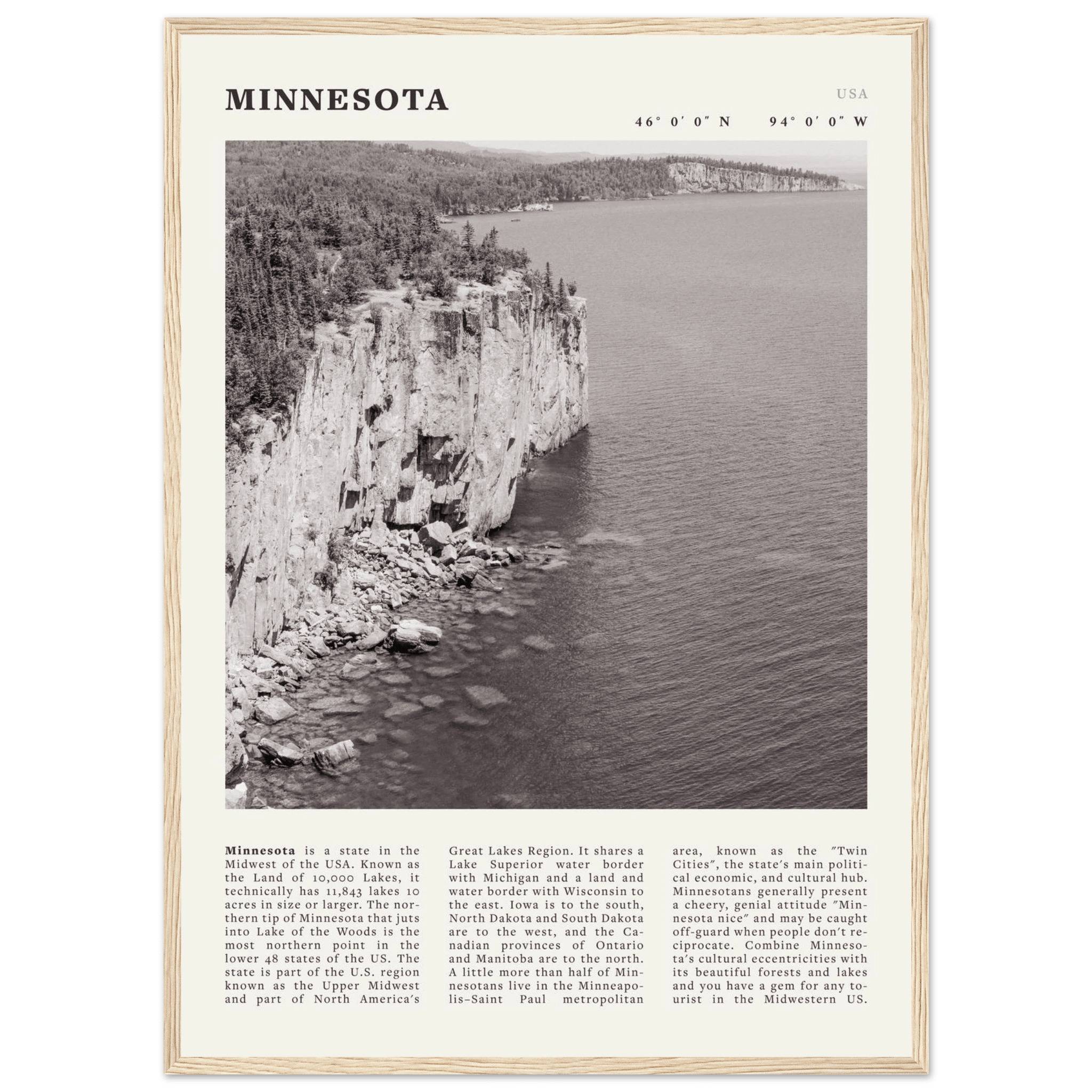 Minnesota Poster | Black & White Lake Superior Wall Art | USA Nature Travel Print - Evergreen Posters