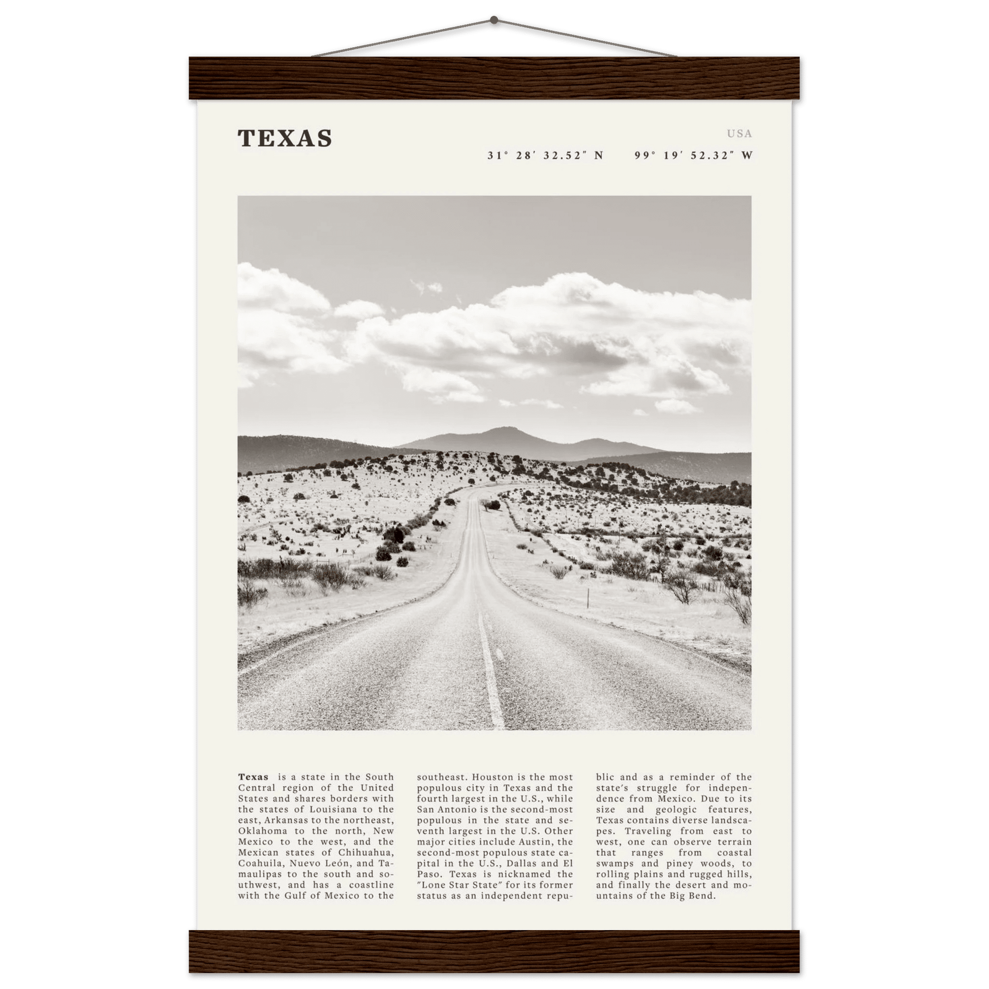 Texas Poster | Black & White Lone Star Road Wall Art | USA Travel Print Decor - Evergreen Posters
