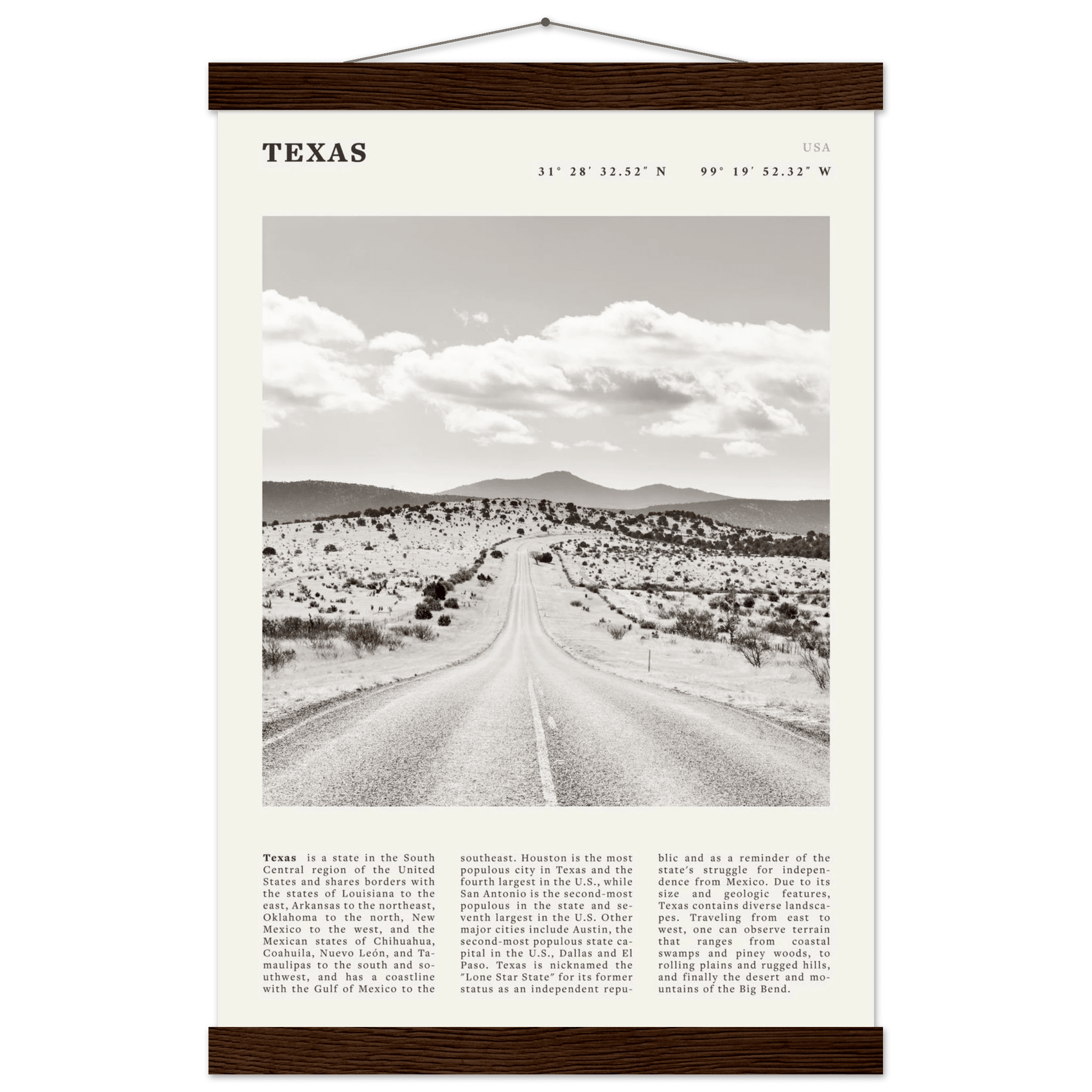 Texas Poster | Black & White Lone Star Road Wall Art | USA Travel Print Decor - Evergreen Posters