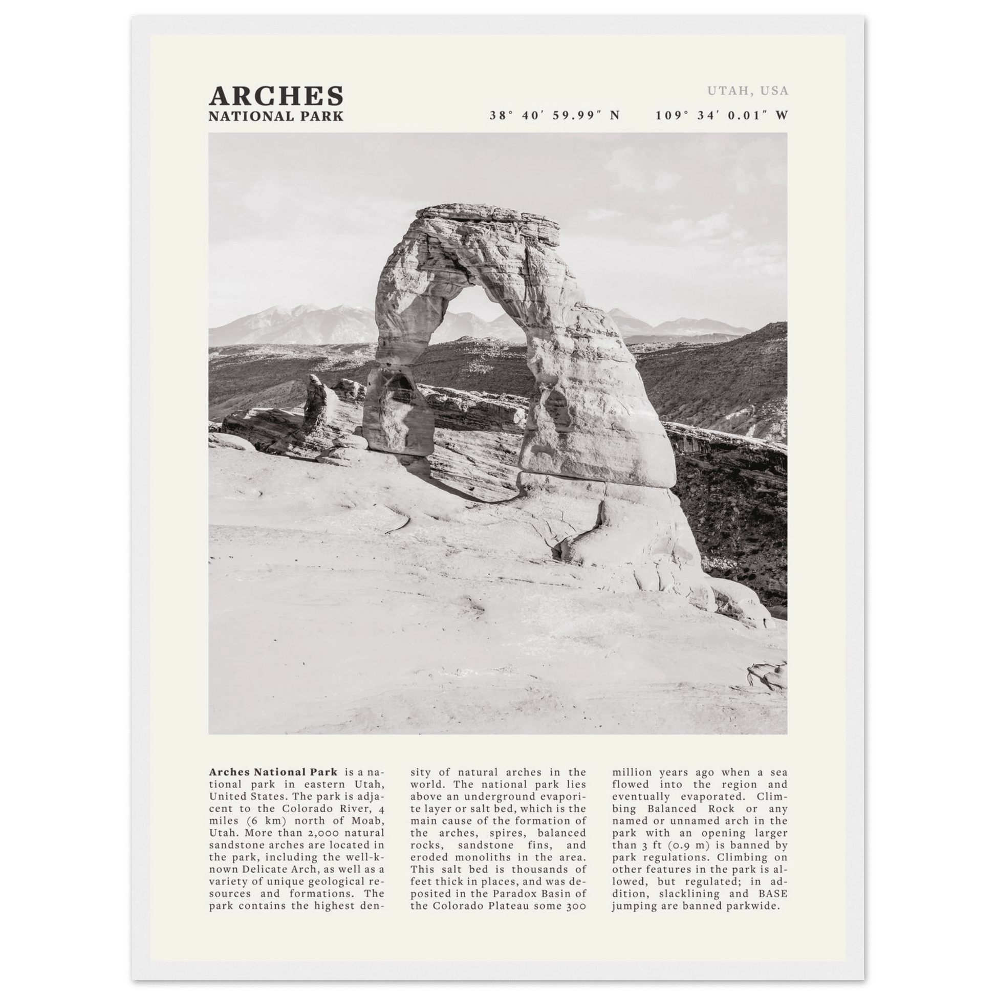 Arches National Park Poster | Black & White Utah Wall Art | Delicate Arch Print - Evergreen Posters