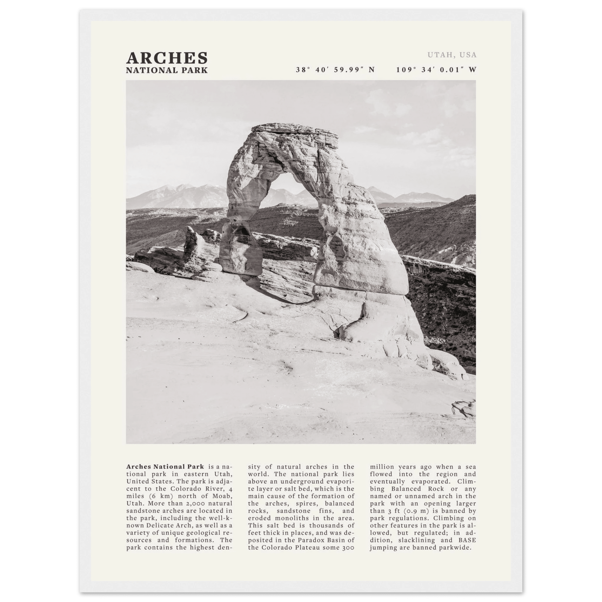 Arches National Park Poster | Black & White Utah Wall Art | Delicate Arch Print - Evergreen Posters