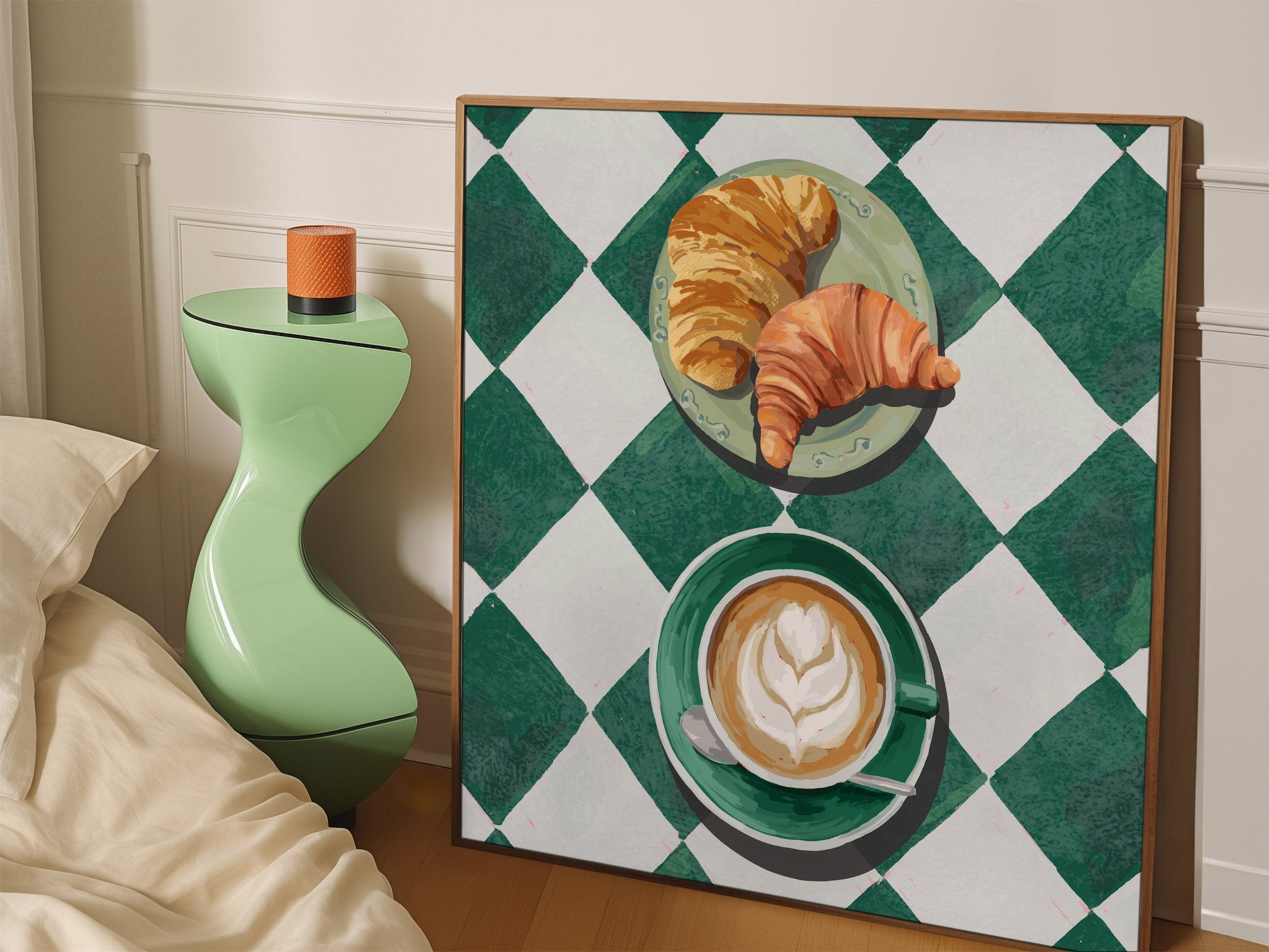 Croissant & Latte Poster | Classic Kitchen Wall Art | Green Tile Square Breakfast Print - Evergreen Posters - 40