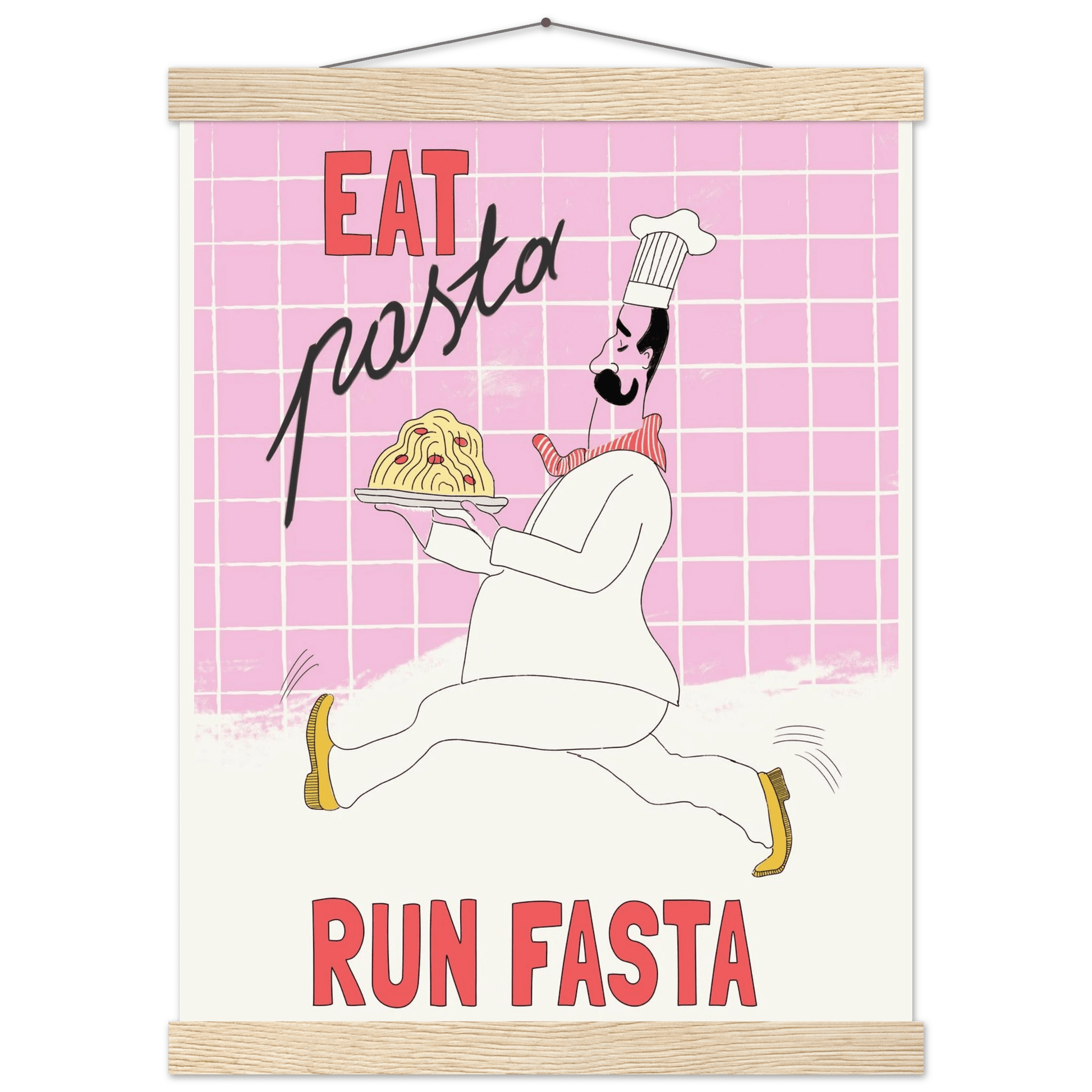 Eat Pasta Run Fasta Poster – Playful Kitchen Wall Art Print (Light Pink) - Evergreen Posters