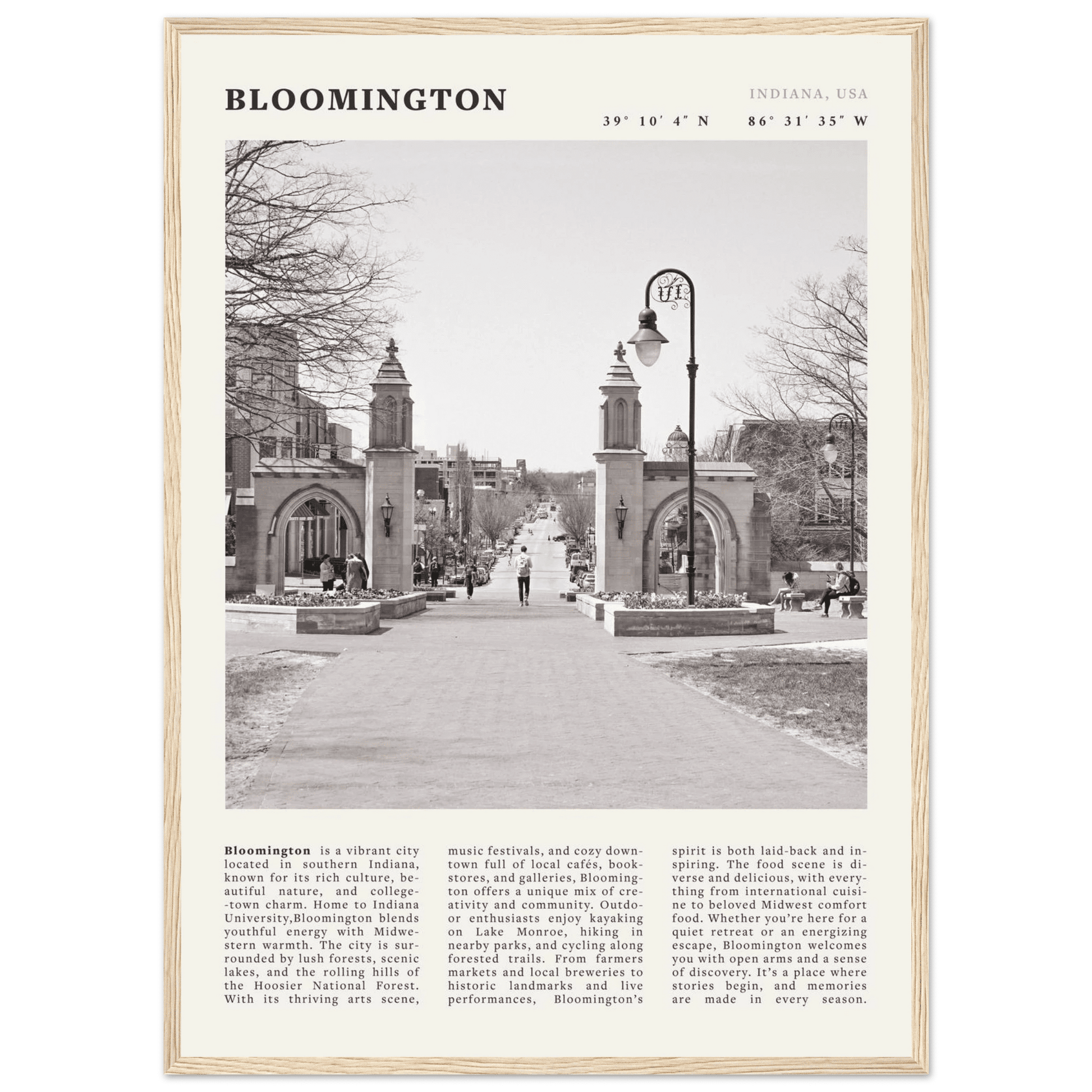 Bloomington Indiana Black and White Vintage Poster - Evergreen Posters