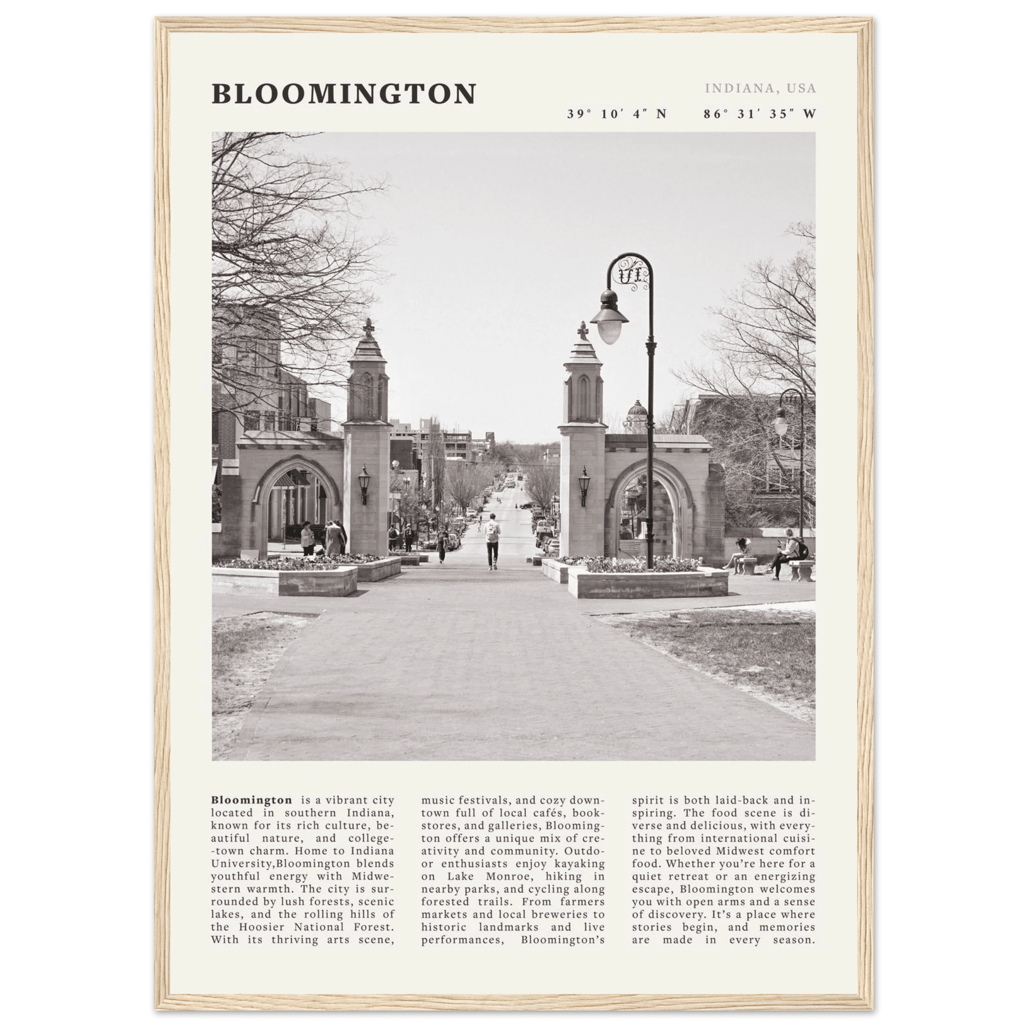 Bloomington Indiana Black and White Vintage Poster - Evergreen Posters
