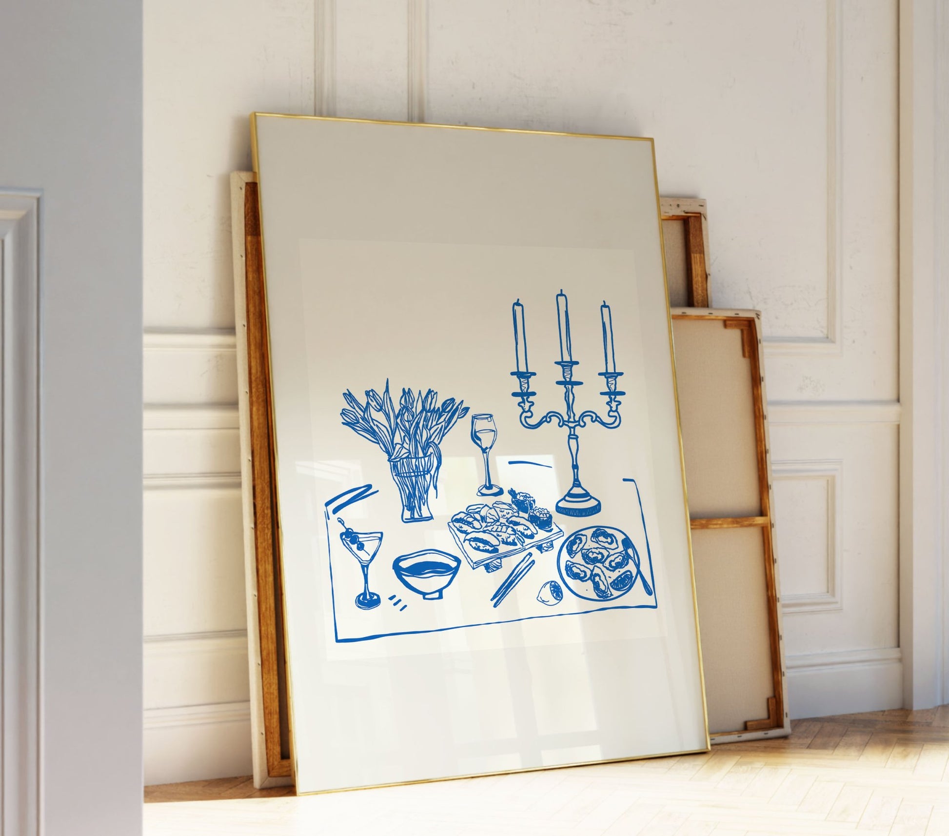 Fine Dining Table Print | Blue Line Art Kitchen Wall Art | Elegant Dining Room Poster - Evergreen Posters