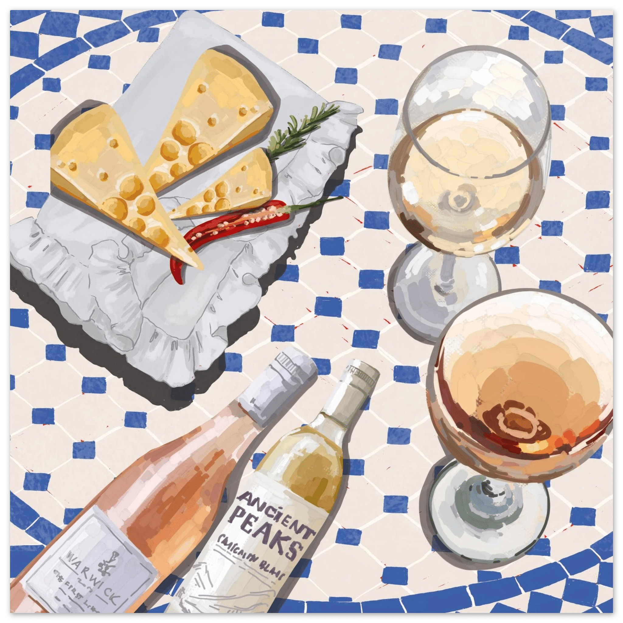 Wine & Cheese Poster | Food Wall Art | Blue Tile Square Kitchen Print - Evergreen Posters - 12
