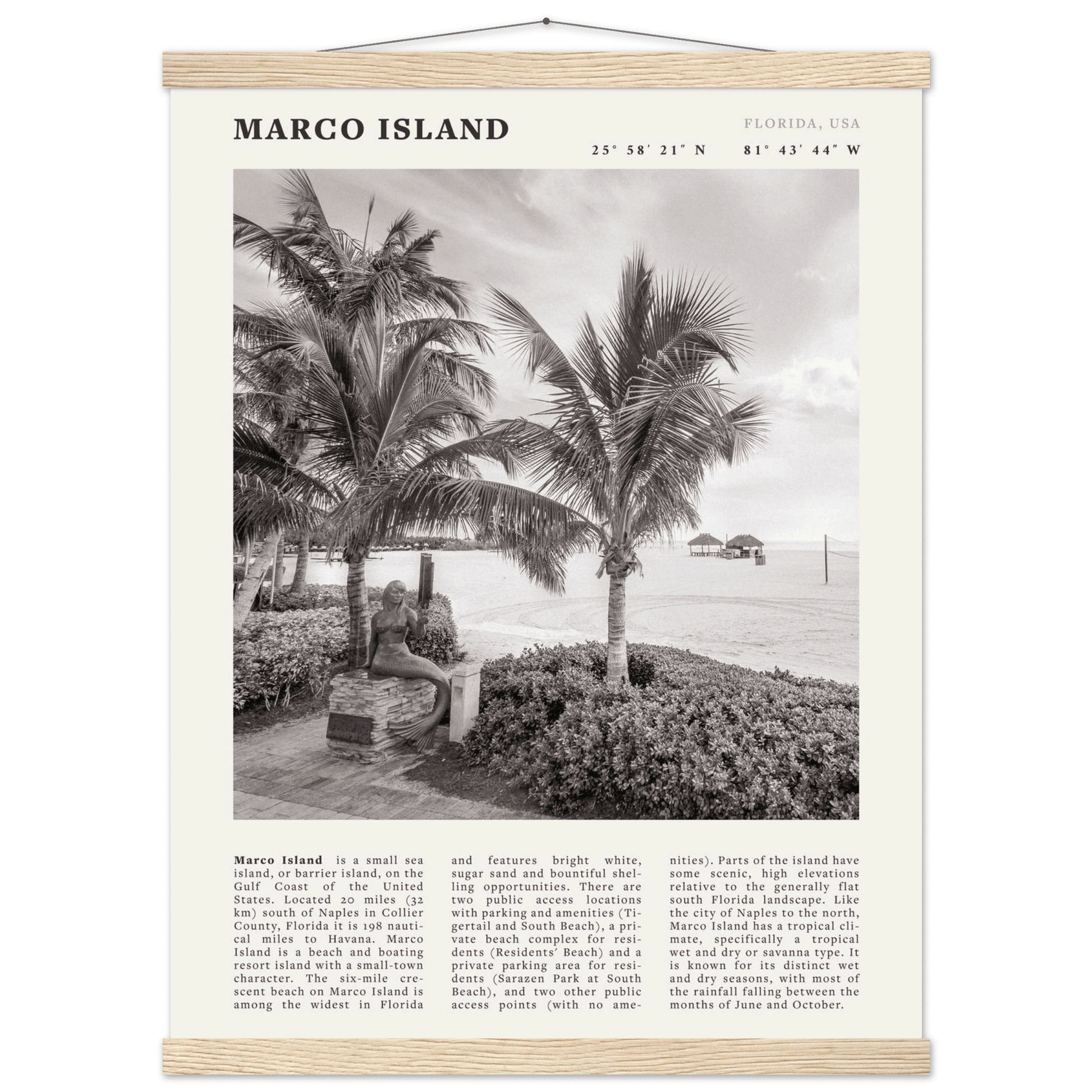 Marco Island Poster | Black & White Florida Beach Wall Art | Coastal Travel Print - Evergreen Posters