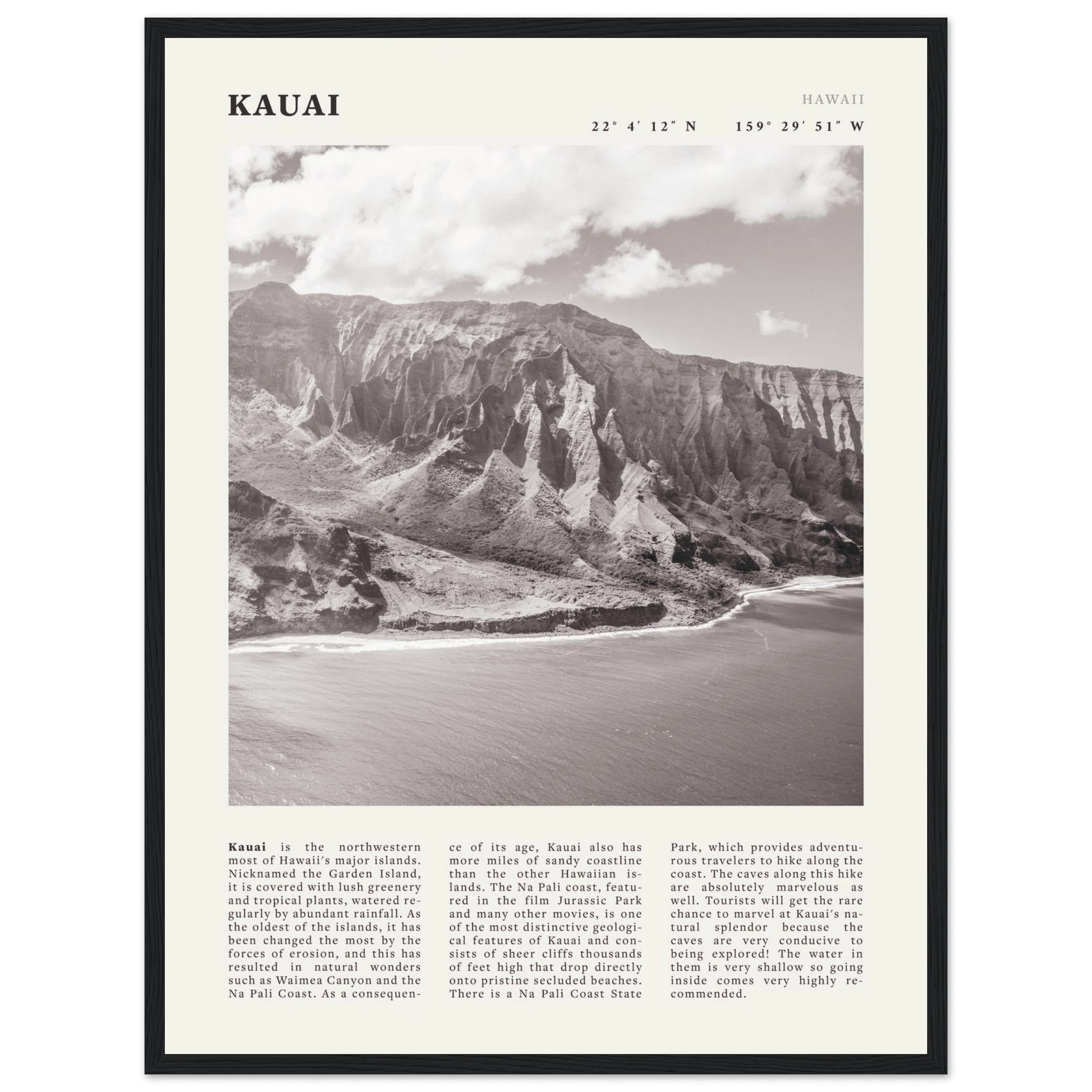 Kauai Poster | Black & White Na Pali Coast Wall Art | Hawaii Travel Print Decor - Evergreen Posters