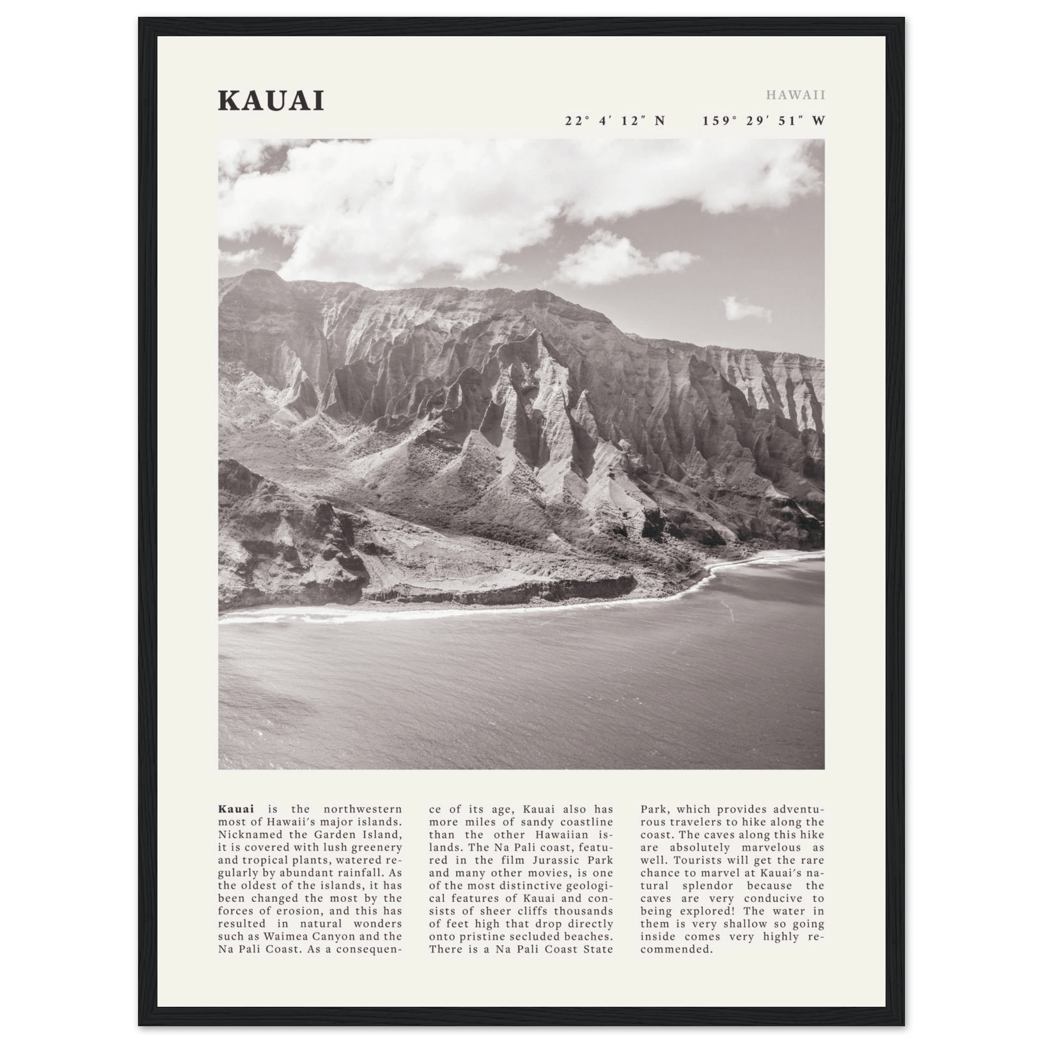 Kauai Poster | Black & White Na Pali Coast Wall Art | Hawaii Travel Print Decor - Evergreen Posters