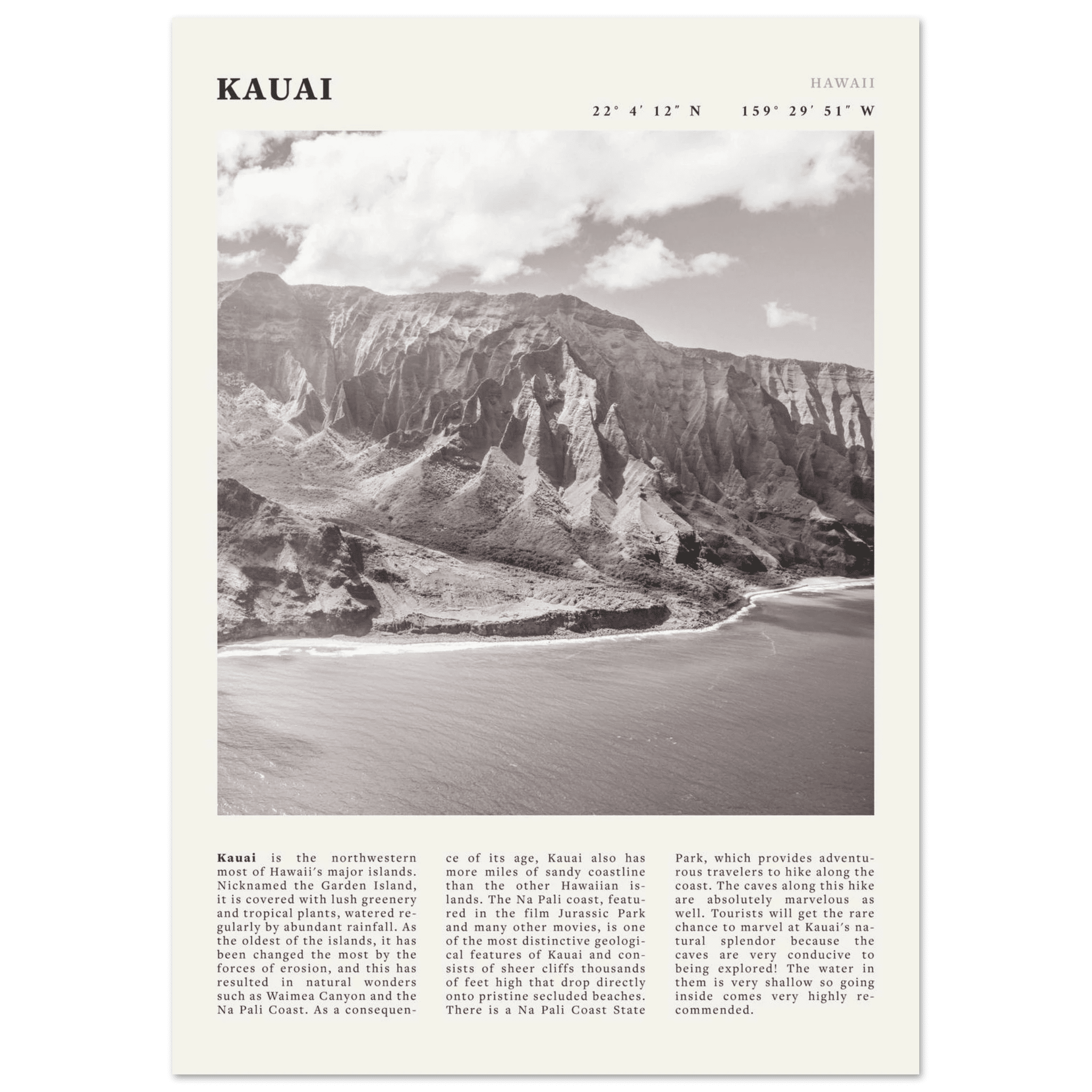 Kauai Poster | Black & White Na Pali Coast Wall Art | Hawaii Travel Print Decor - Evergreen Posters