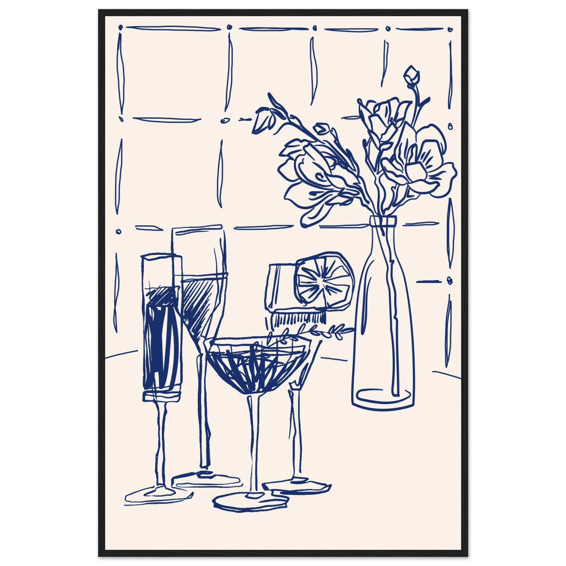 Cocktails & Flowers Print | Navy Blue Line Art Drinks Wall Art | Kitchen Bar Poster - Evergreen Posters
