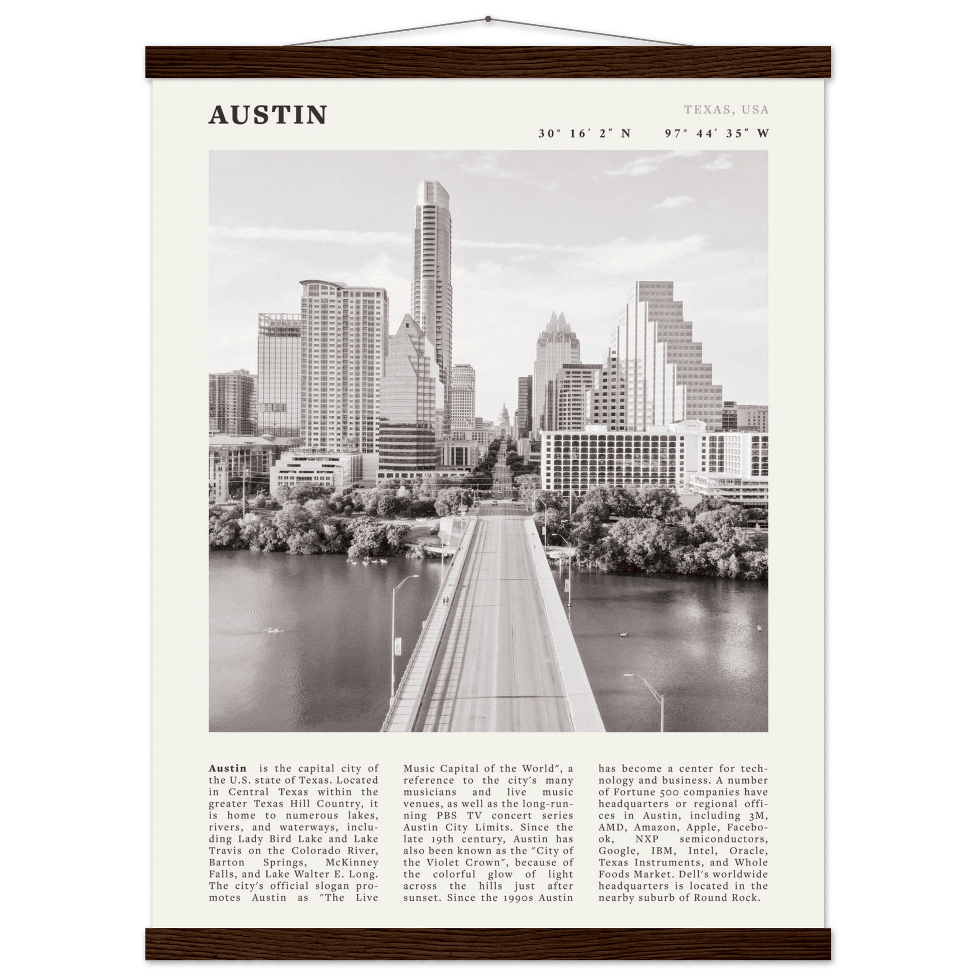 Austin Poster | Black & White Texas Skyline Wall Art | City Travel Print Decor - Evergreen Posters
