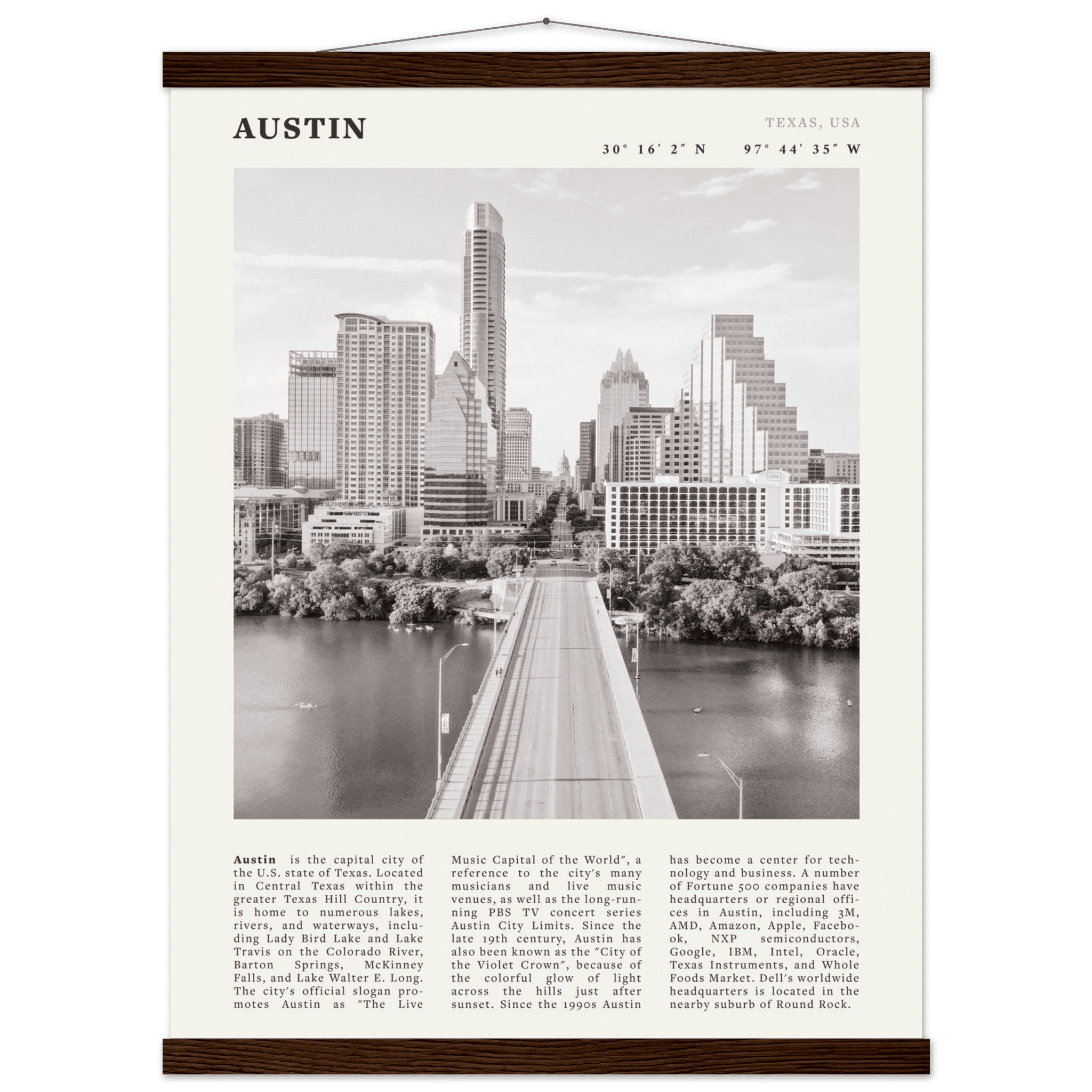 Austin Poster | Black & White Texas Skyline Wall Art | City Travel Print Decor - Evergreen Posters