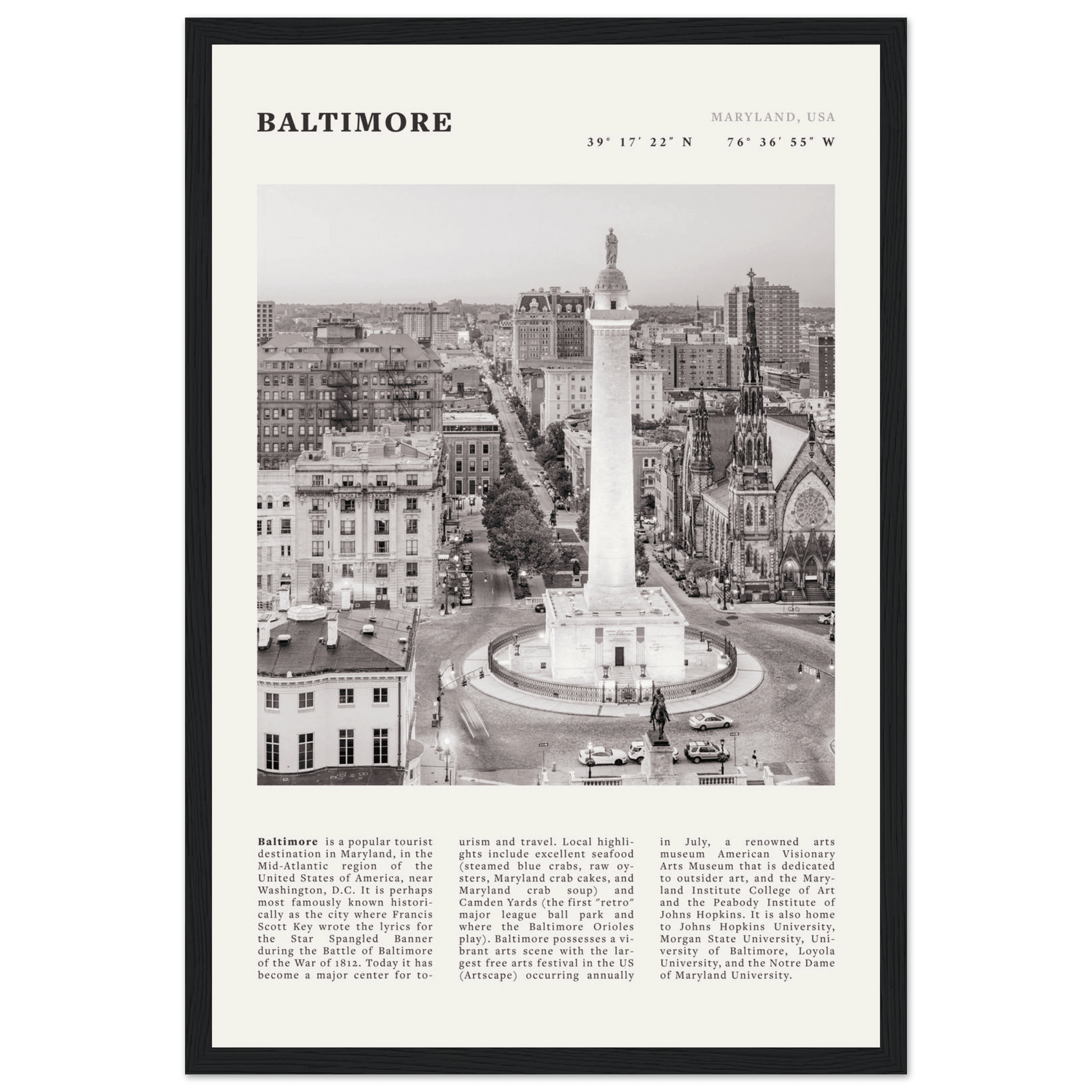 Baltimore Poster | Black & White Maryland City Wall Art | USA Travel Print - Evergreen Posters