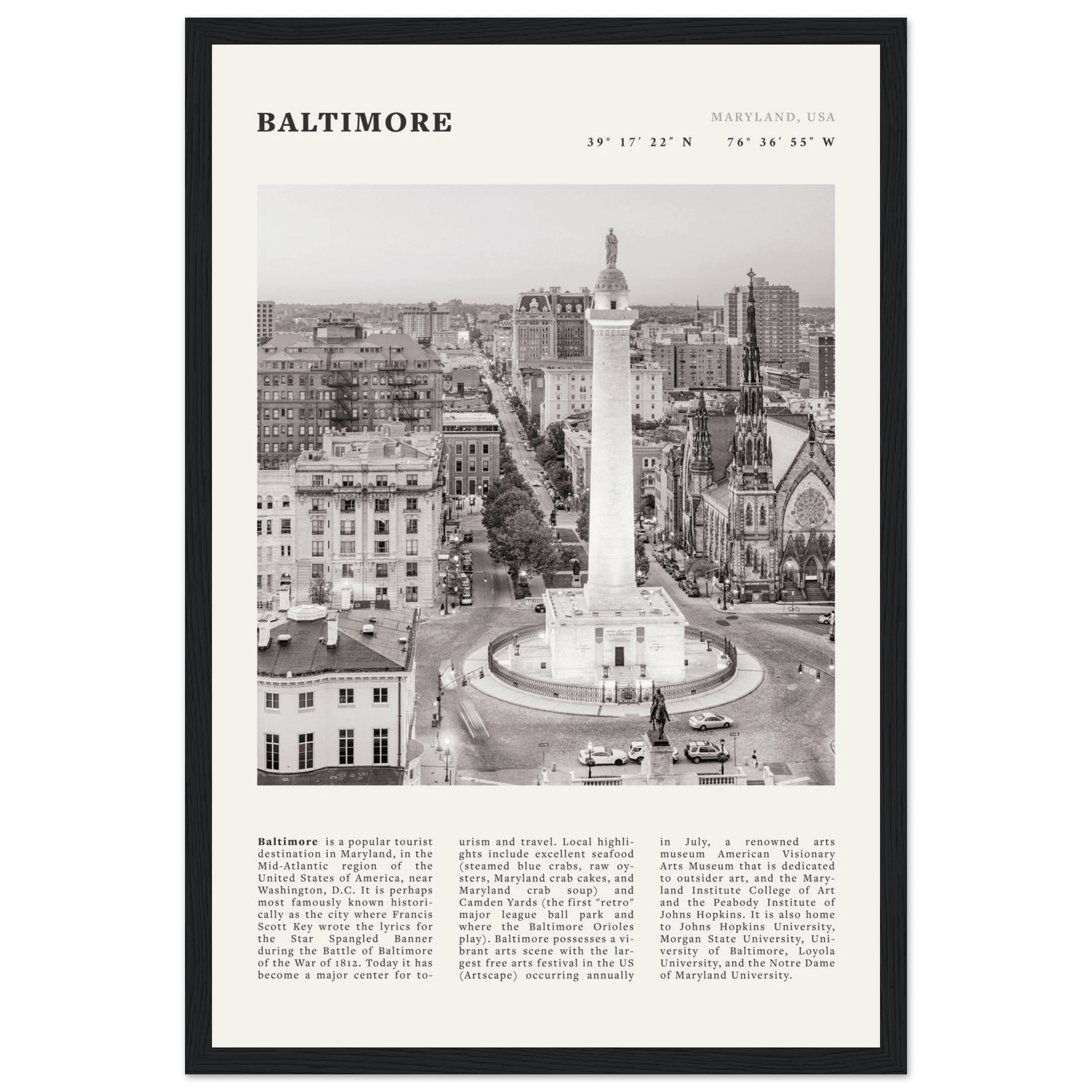 Baltimore Poster | Black & White Maryland City Wall Art | USA Travel Print - Evergreen Posters