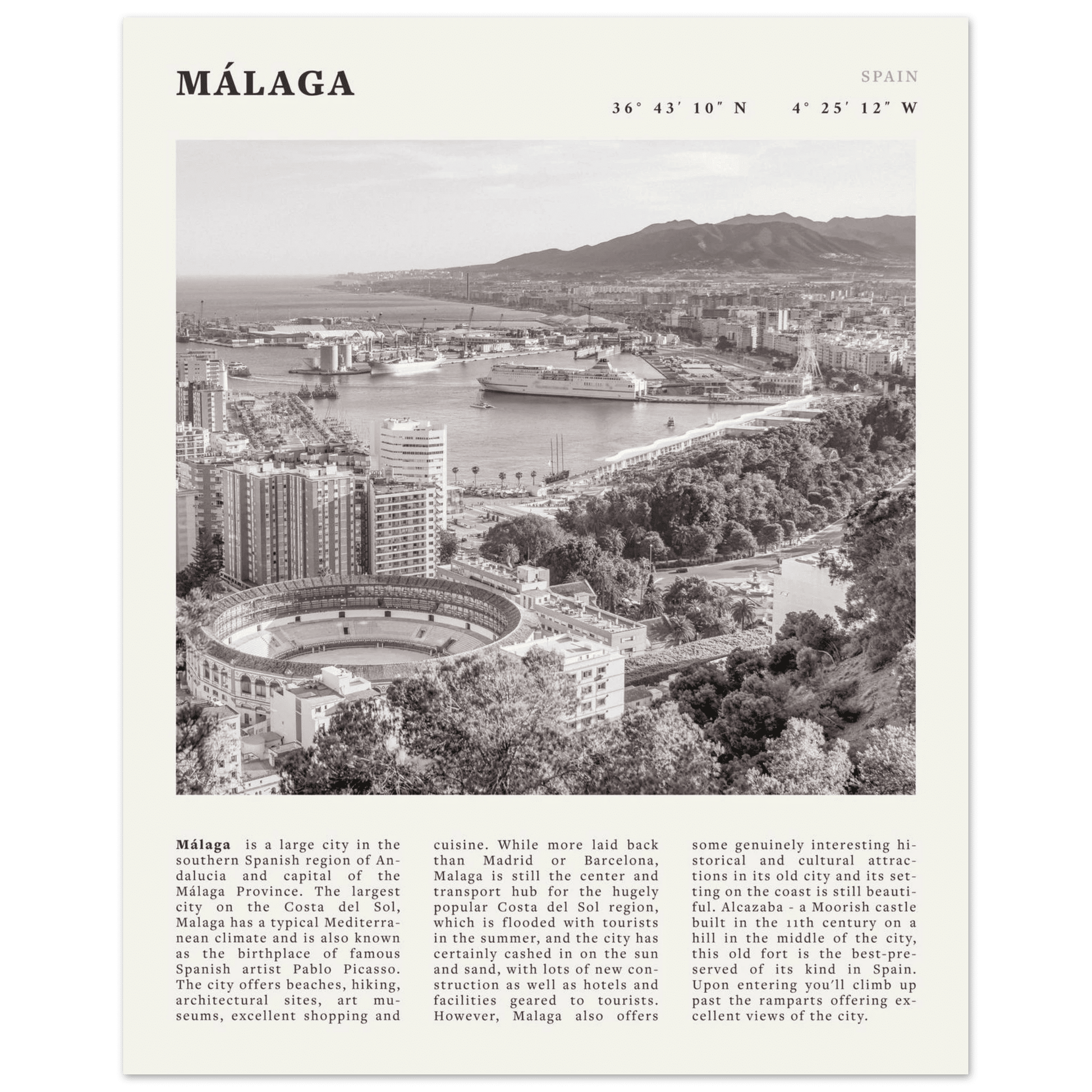 Málaga Poster | Black & White Costa del Sol Wall Art | Spain Travel Print - Evergreen Posters