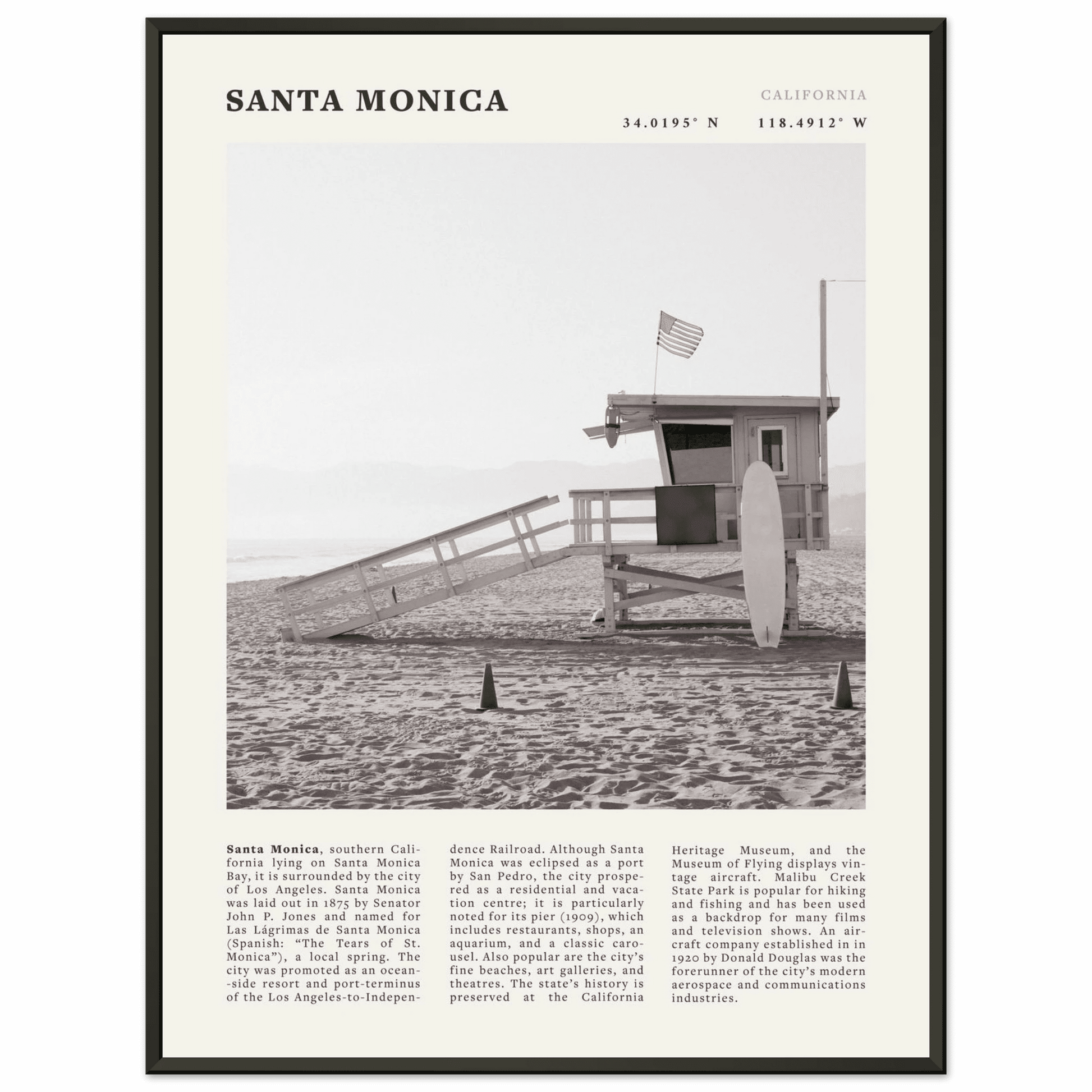 Santa Monica Poster | Black & White California Wall Art | Beach Travel Print | Coastal Decor - Evergreen Posters