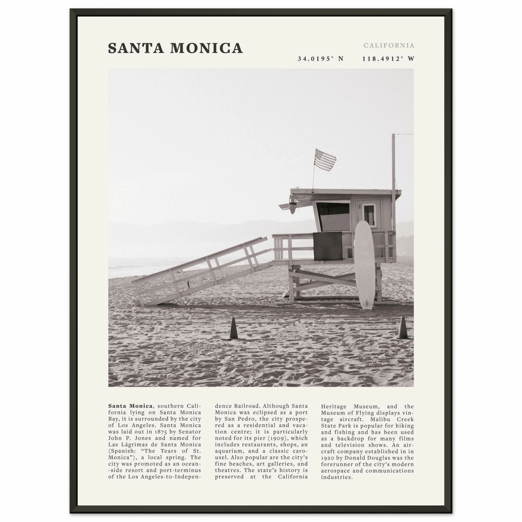 Santa Monica Poster | Black & White California Wall Art | Beach Travel Print | Coastal Decor - Evergreen Posters