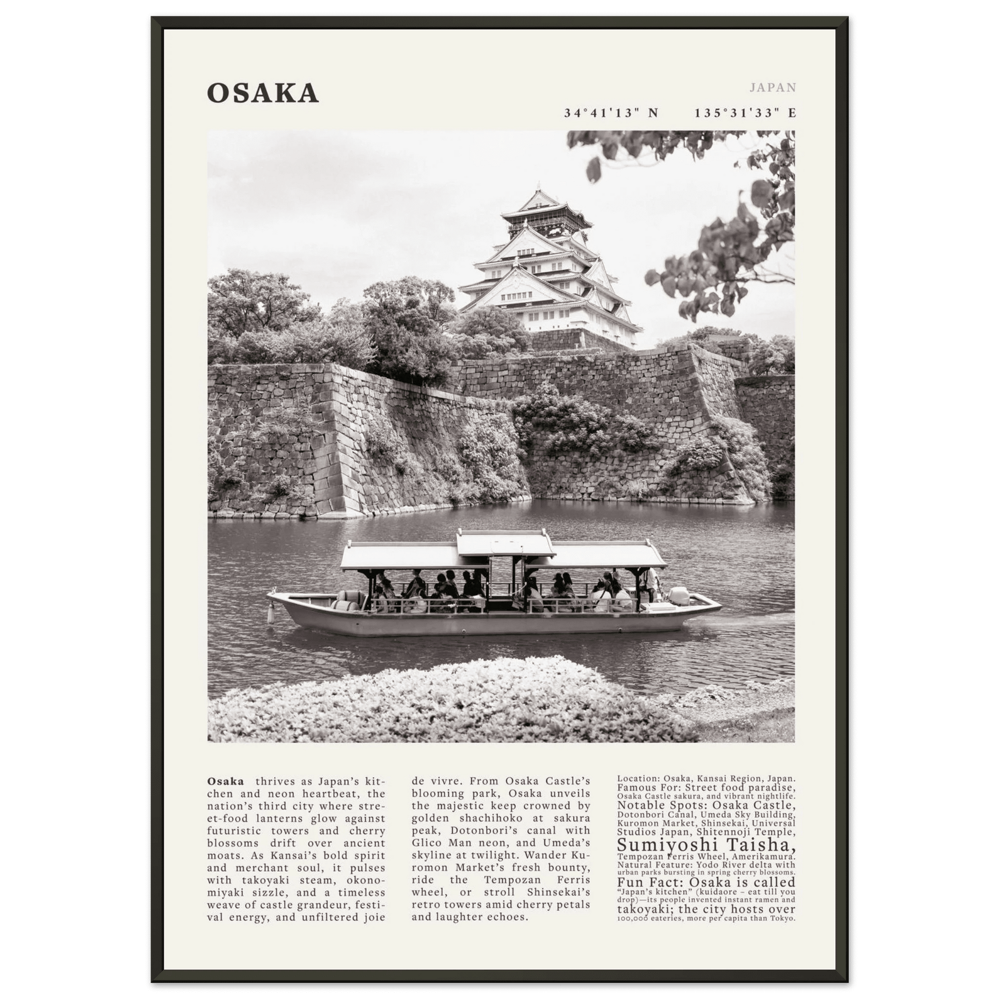 Osaka Poster Black and White – Vintage Osaka Castle Cherry Blossom Print (Digital & Printed Options) - Evergreen Posters