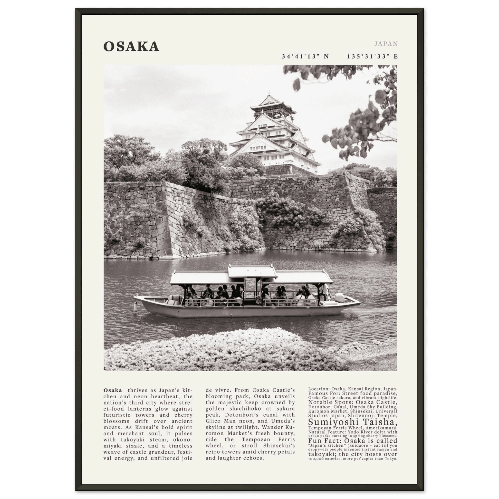 Osaka Poster Black and White – Vintage Osaka Castle Cherry Blossom Print (Digital & Printed Options) - Evergreen Posters