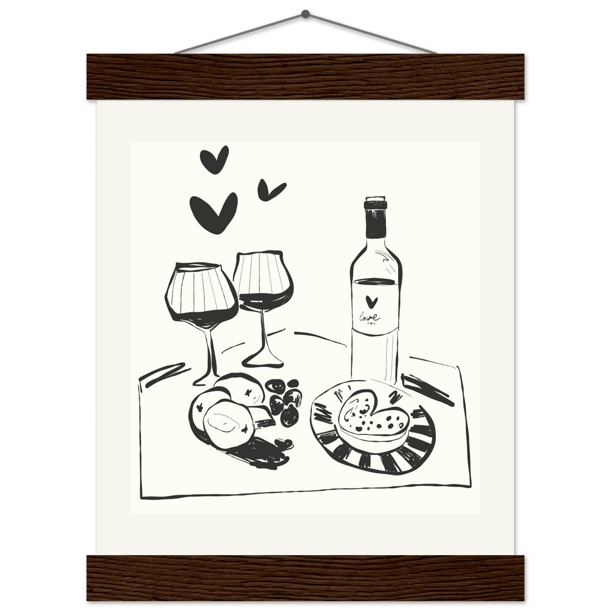 Wine for Two Print | Black Line Art Romantic Kitchen Wall Art | Couples Poster - Evergreen Posters