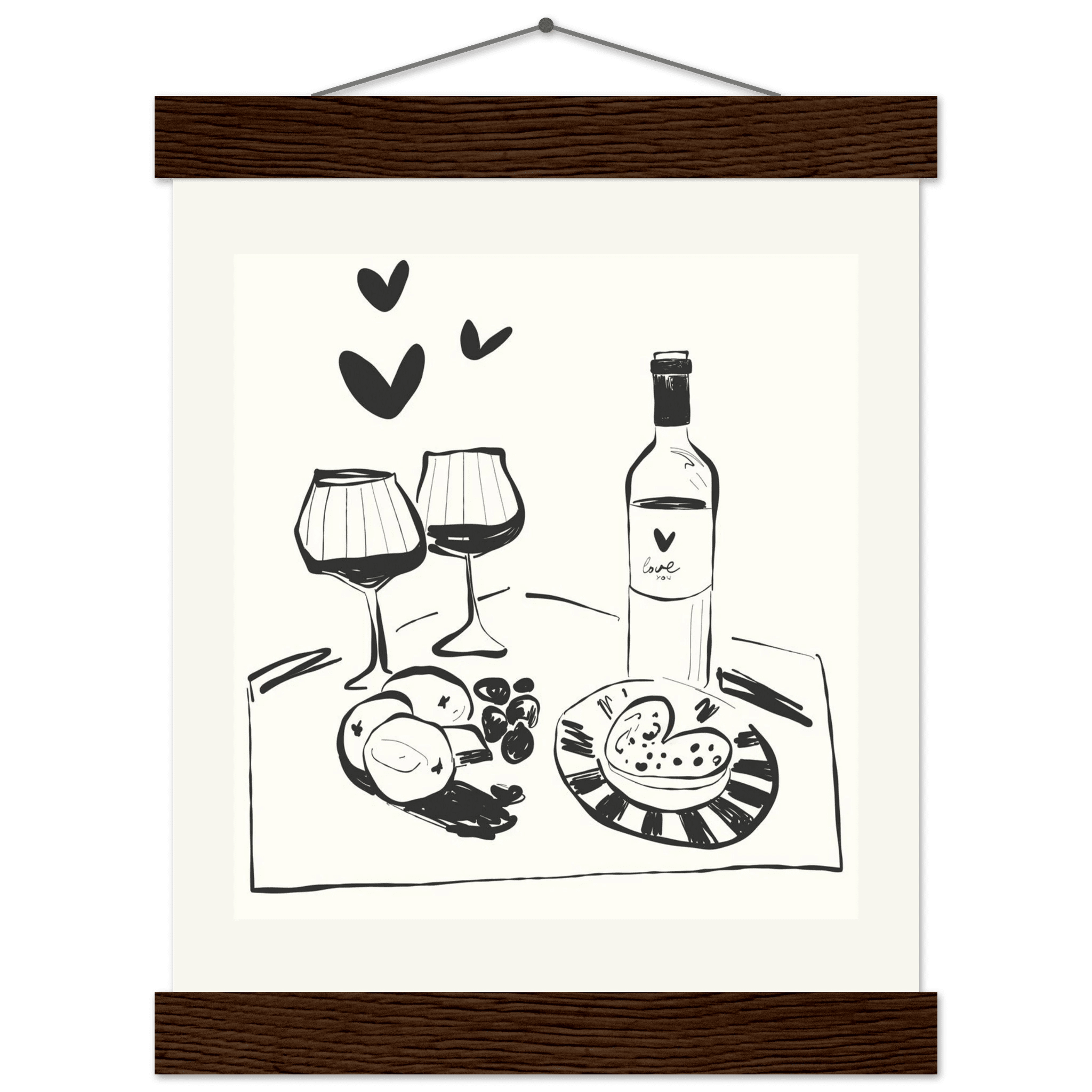Wine for Two Print | Black Line Art Romantic Kitchen Wall Art | Couples Poster - Evergreen Posters