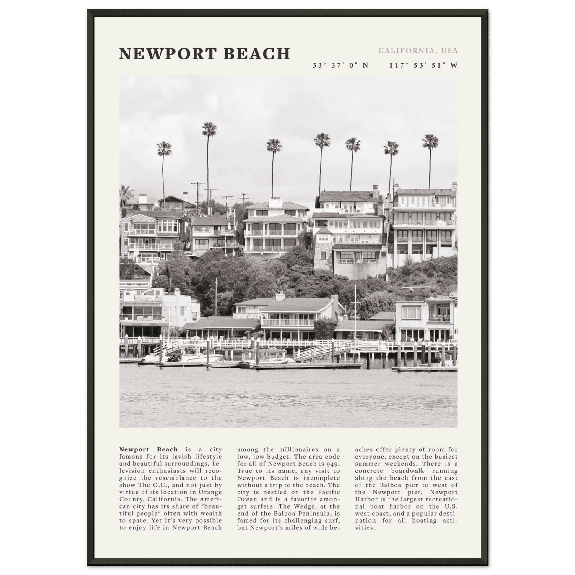 Newport Beach Poster | Black & White California Harbor Wall Art | Coastal Print - Evergreen Posters